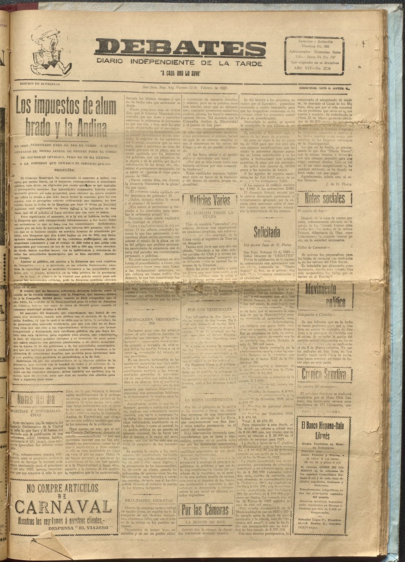 Portada · Diario Debates del 13 de febrero de 1925