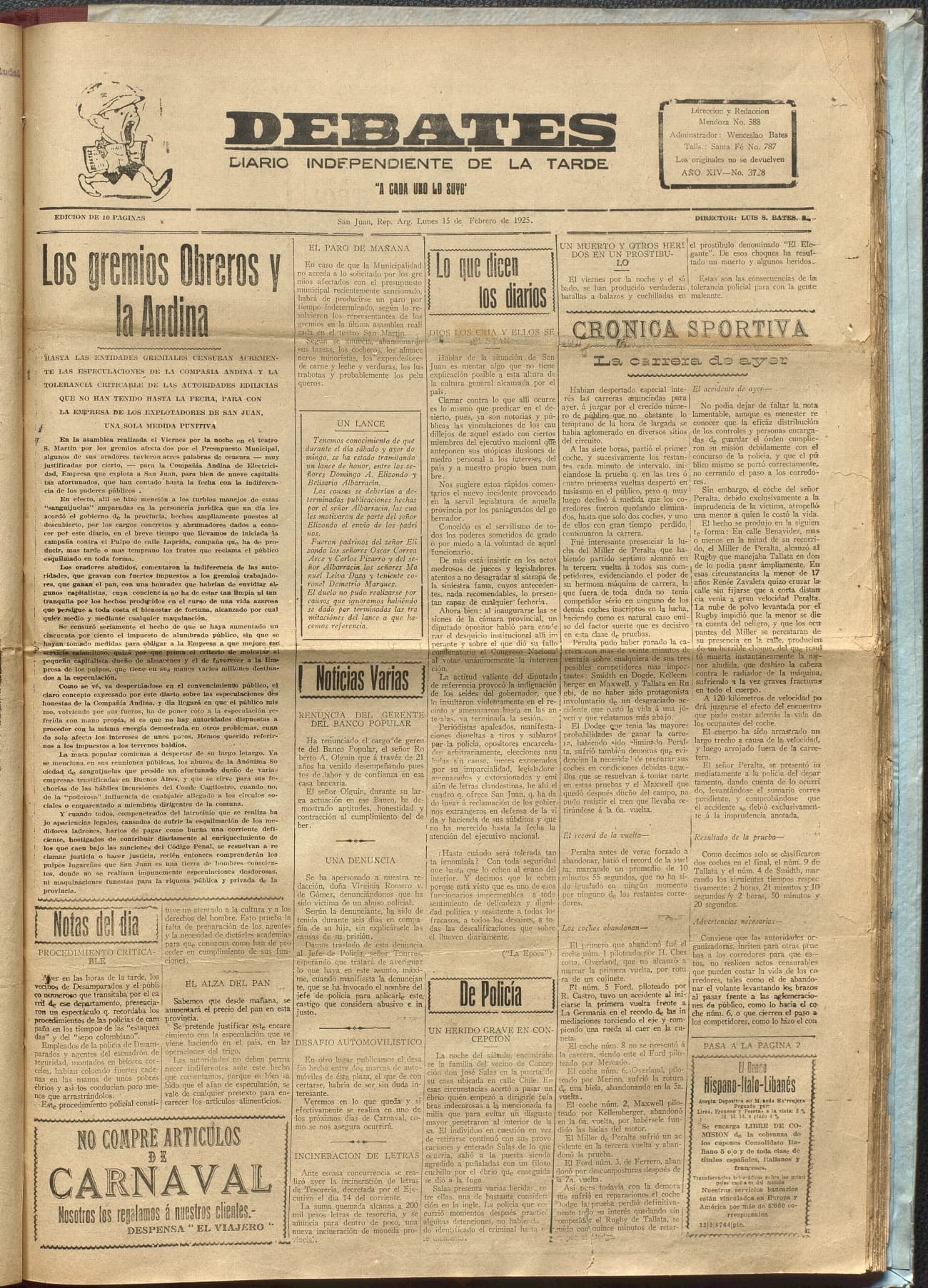 Portada · Diario Debates del 15 de febrero de 1925