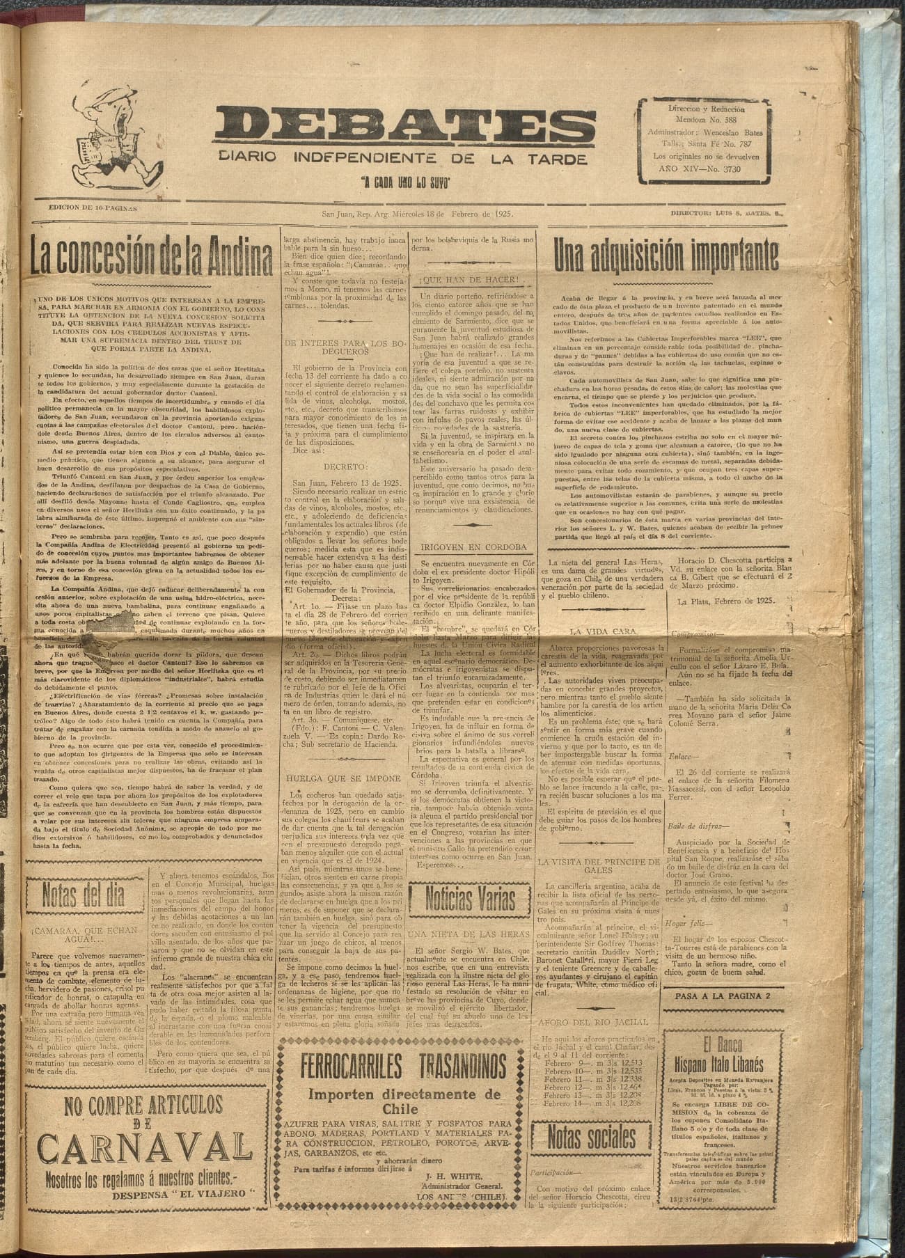 Portada · Diario Debates del 18 de febrero de 1925