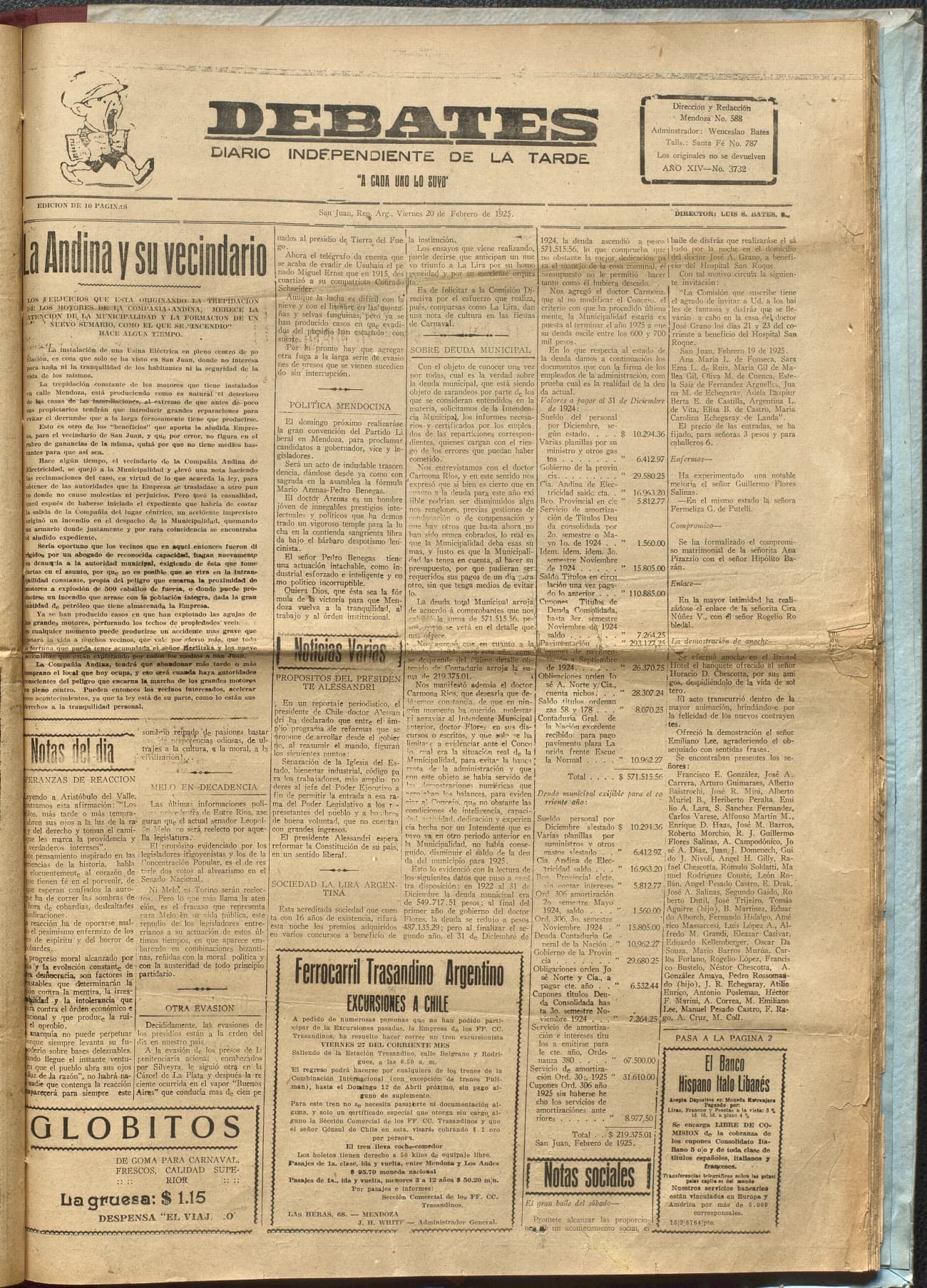 Portada · Diario Debates del 20 de febrero de 1925