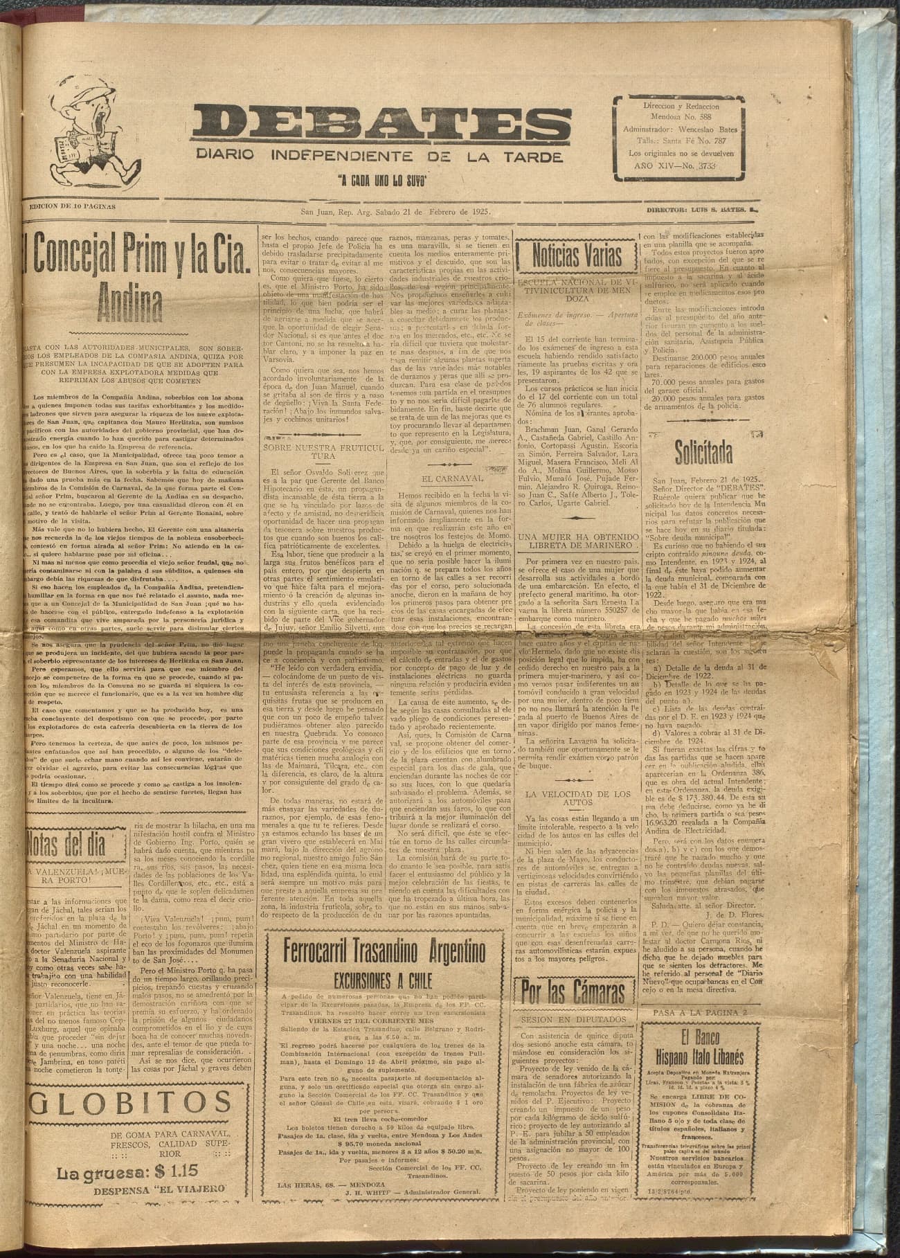 Portada · Diario Debates del 21 de febrero de 1925