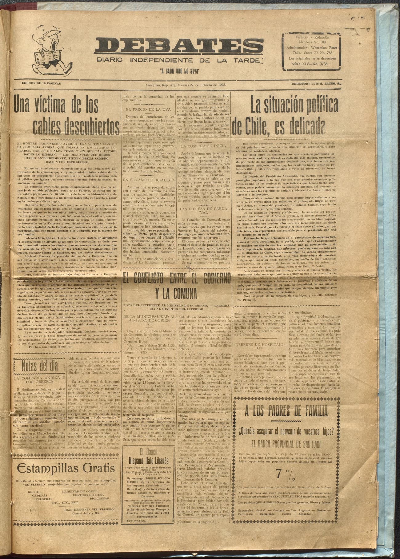 Portada · Diario Debates del 27 de febrero de 1925