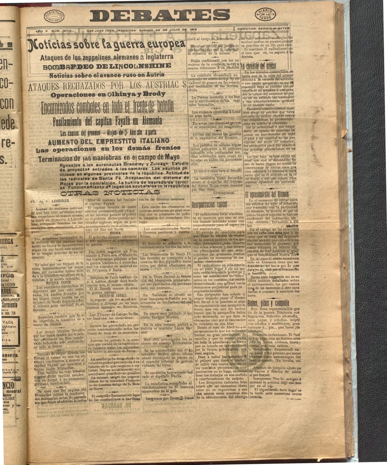 Portada · Diario Debates del 29 de julio de 1916