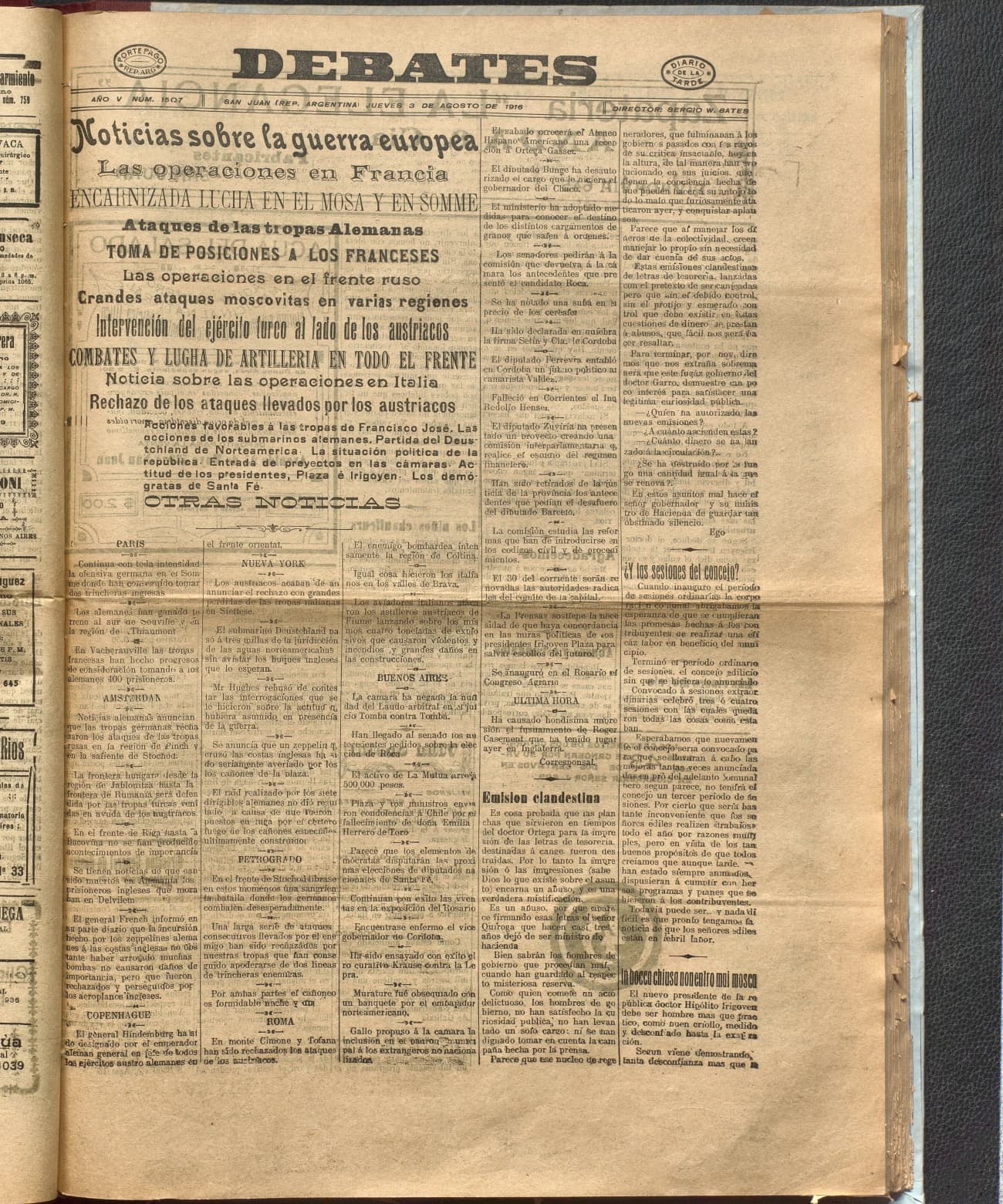 Portada · Diario Debates del 3 de agosto de 1916