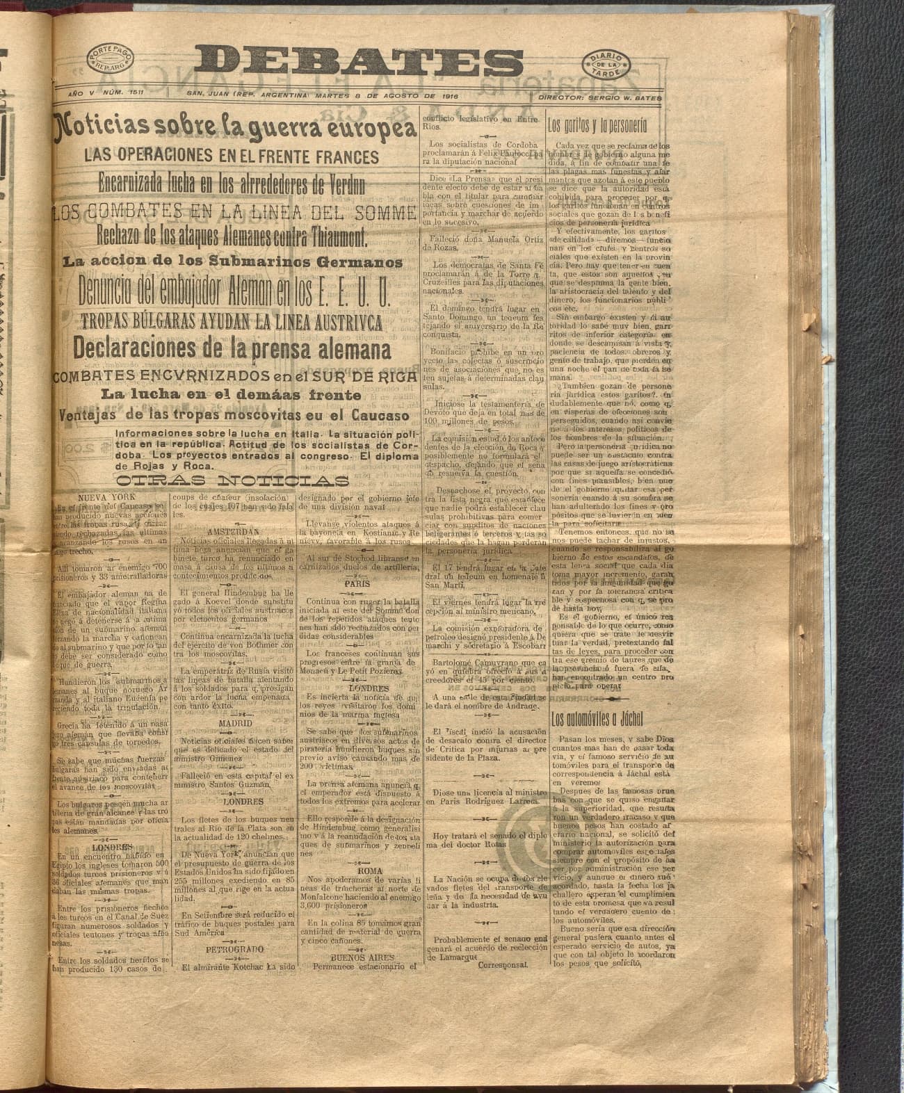 Portada · Diario Debates del 8 de agosto de 1916