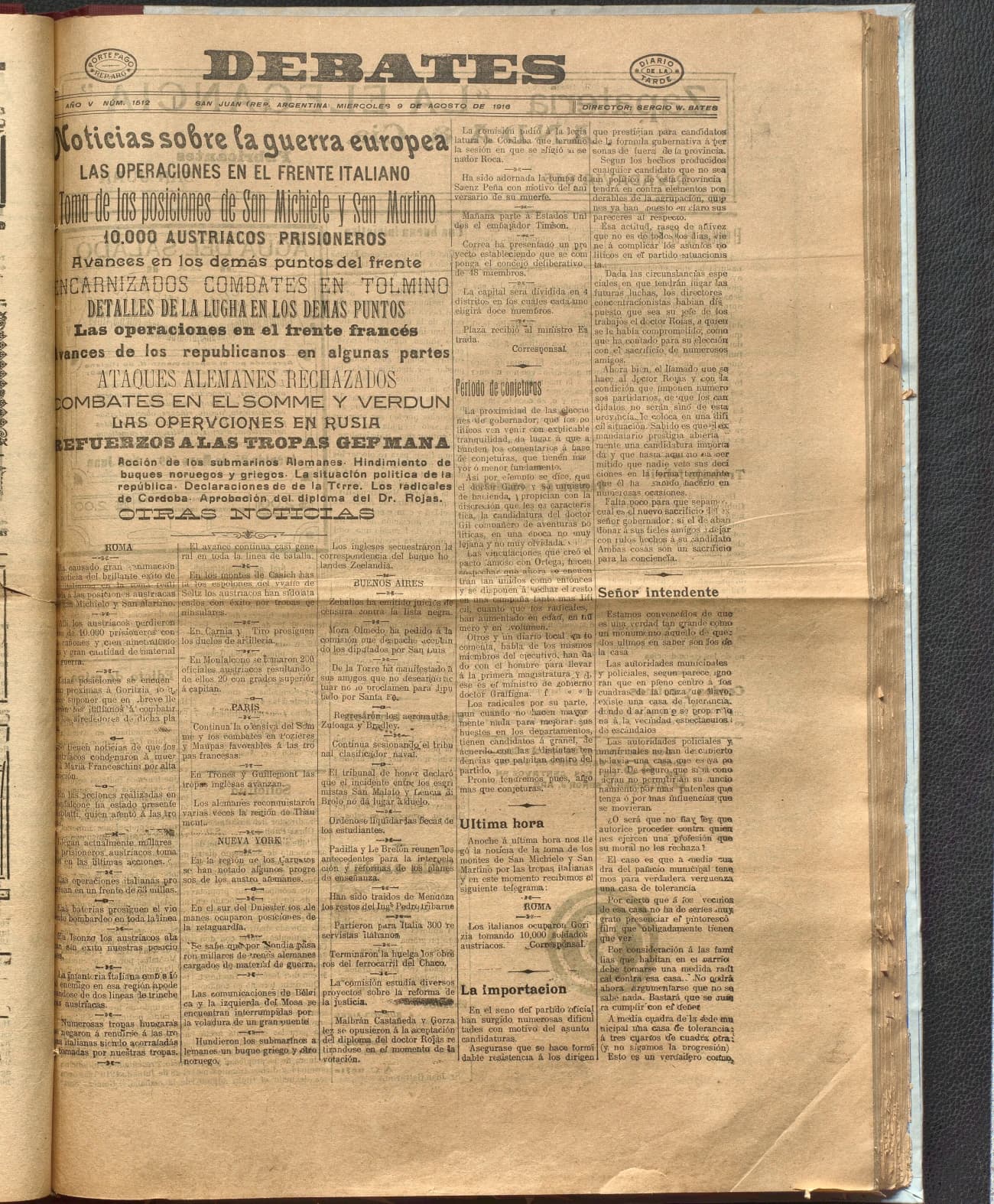 Portada · Diario Debates del 9 de agosto de 1916
