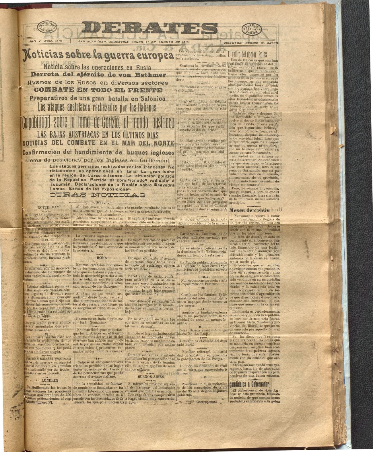 Portada · Diario Debates del 21 de agosto de 1916