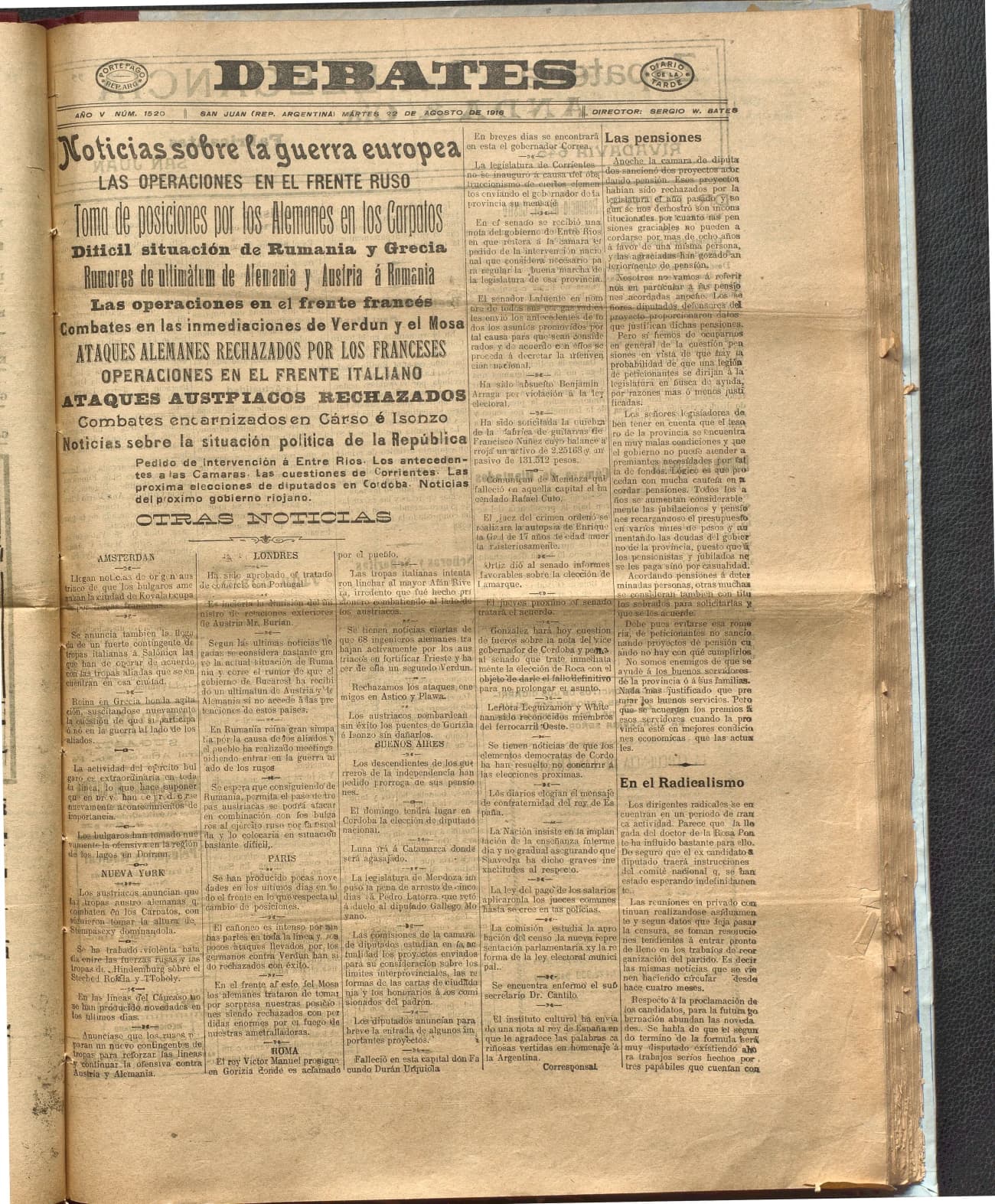 Portada · Diario Debates del 22 de agosto de 1916
