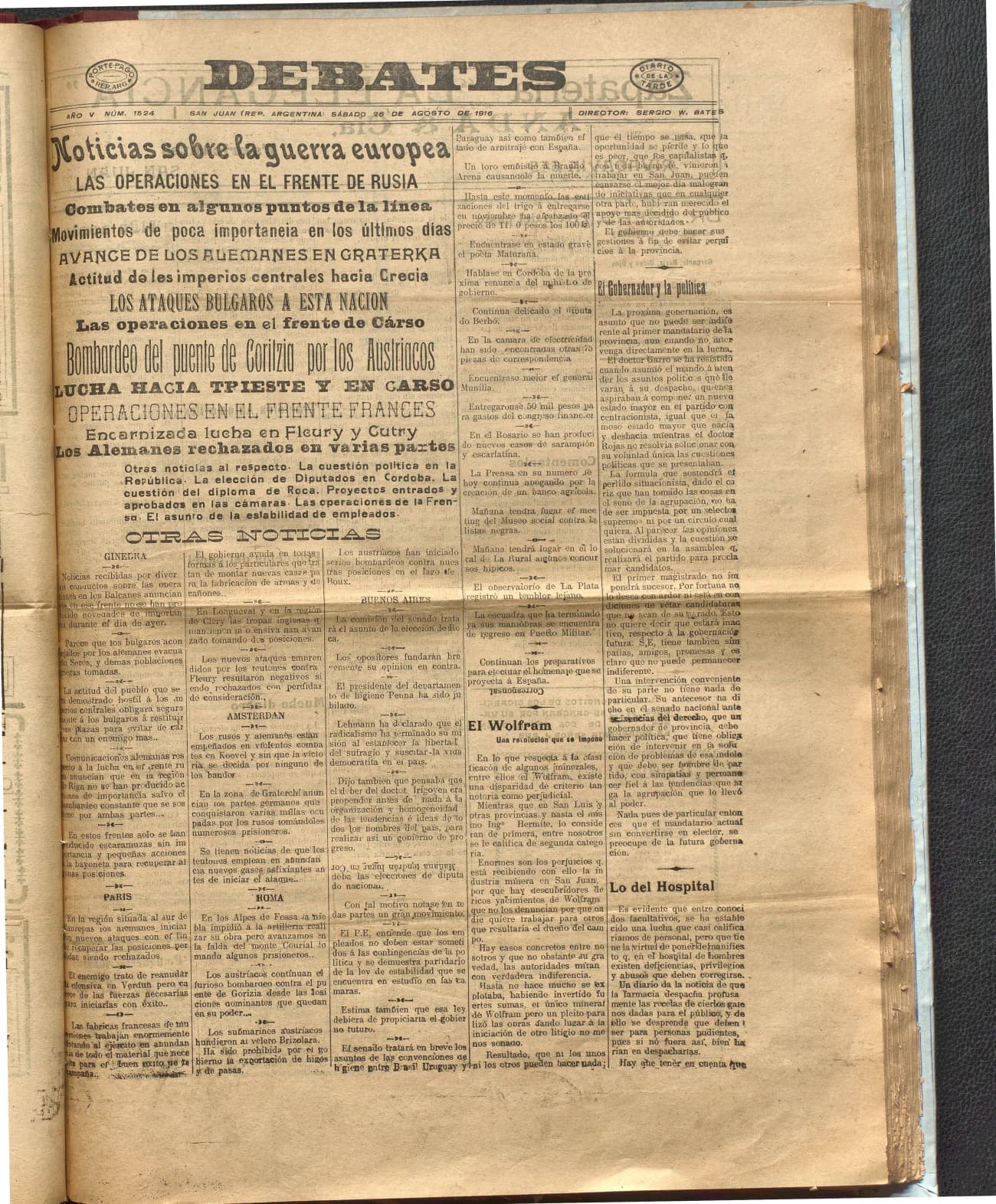 Portada · Diario Debates del 26 de agosto de 1916