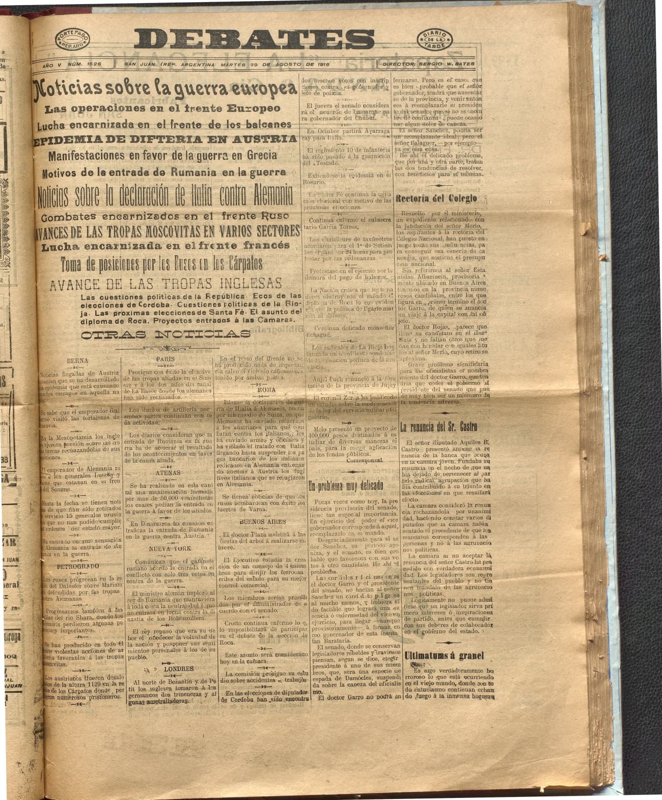 Portada · Diario Debates del 29 de agosto de 1916