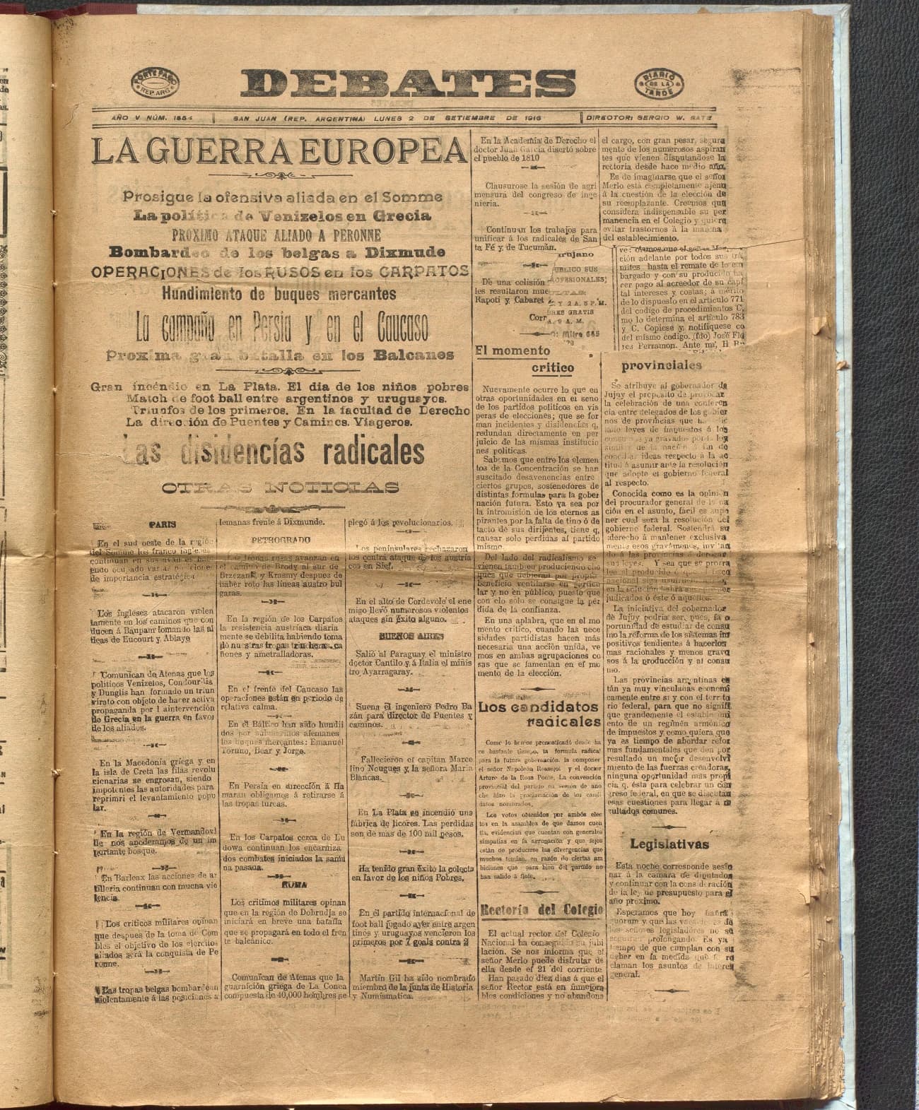 Portada · Diario Debates del 2 de septiembre de 1916