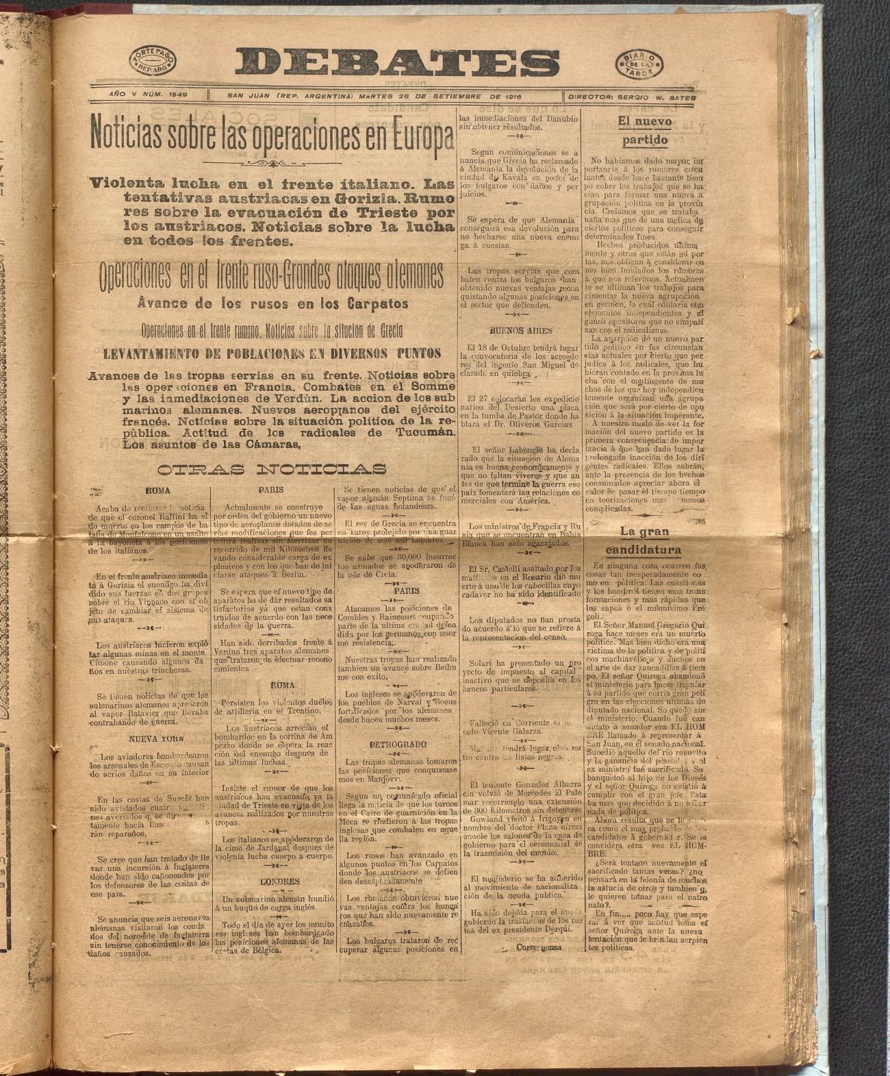 Portada · Diario Debates del 26 de septiembre de 1916