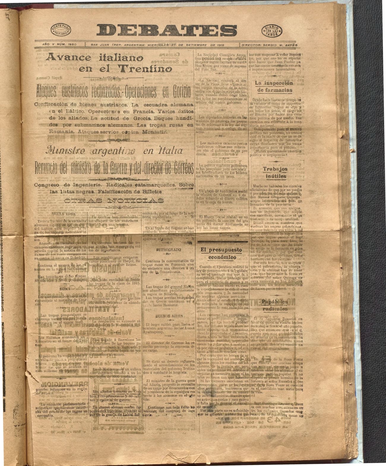 Portada · Diario Debates del 27 de septiembre de 1916