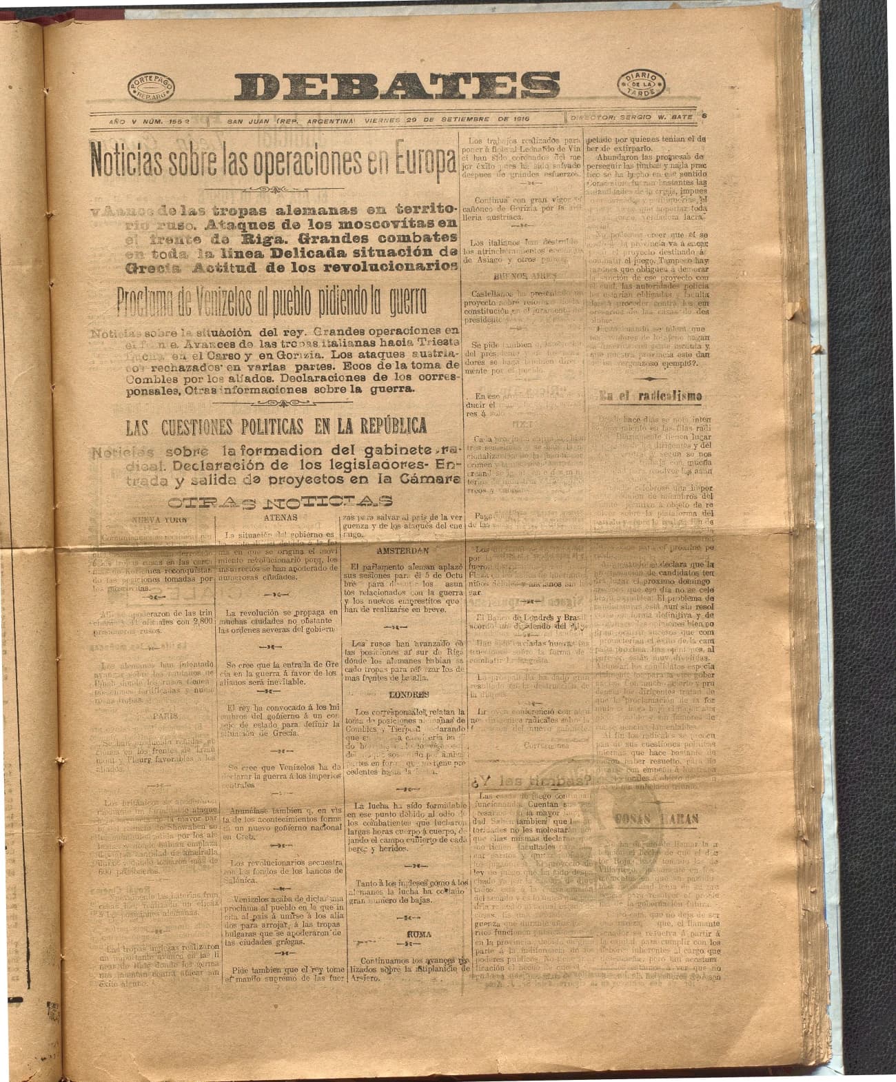 Portada · Diario Debates del 29 de septiembre de 1916