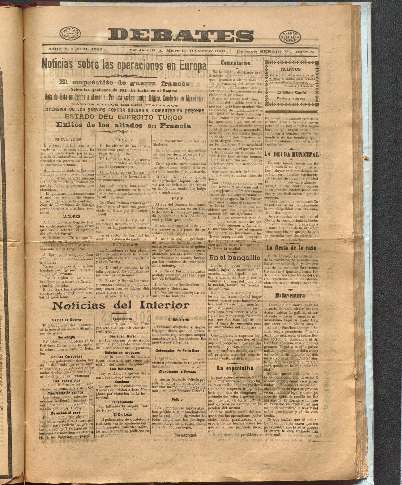 Portada · Diario Debates del 11 de octubre de 1916