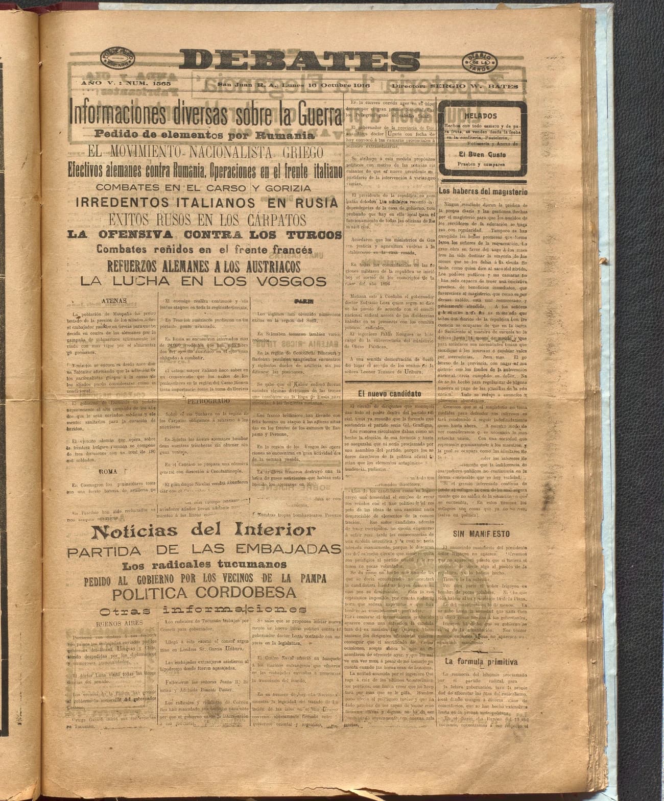 Portada · Diario Debates del 16 de octubre de 1916
