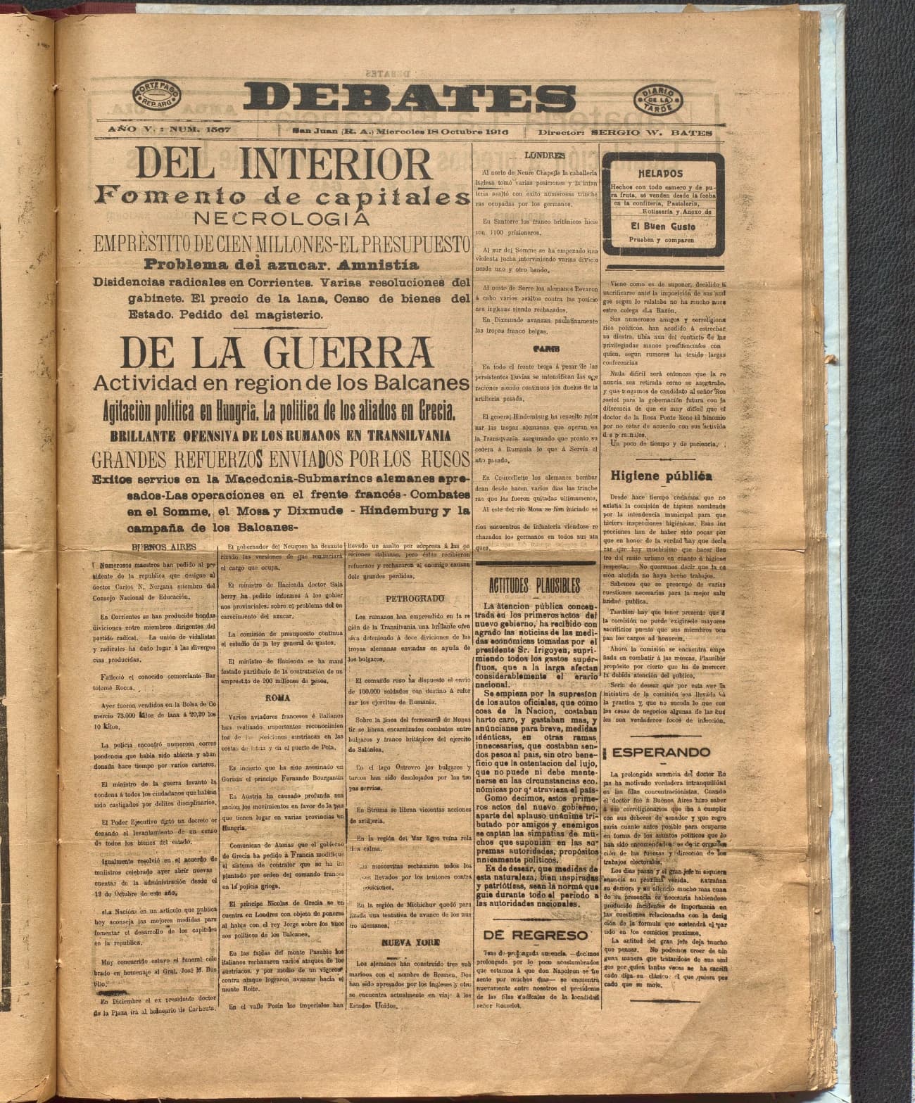 Portada · Diario Debates del 18 de octubre de 1916