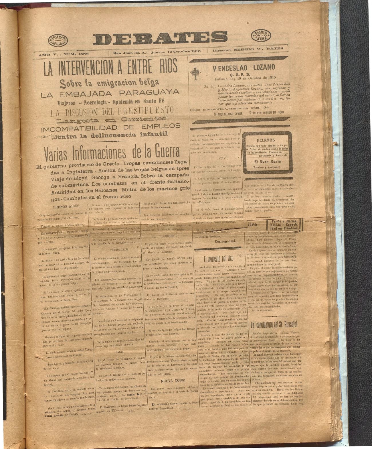Portada · Diario Debates del 19 de octubre de 1916