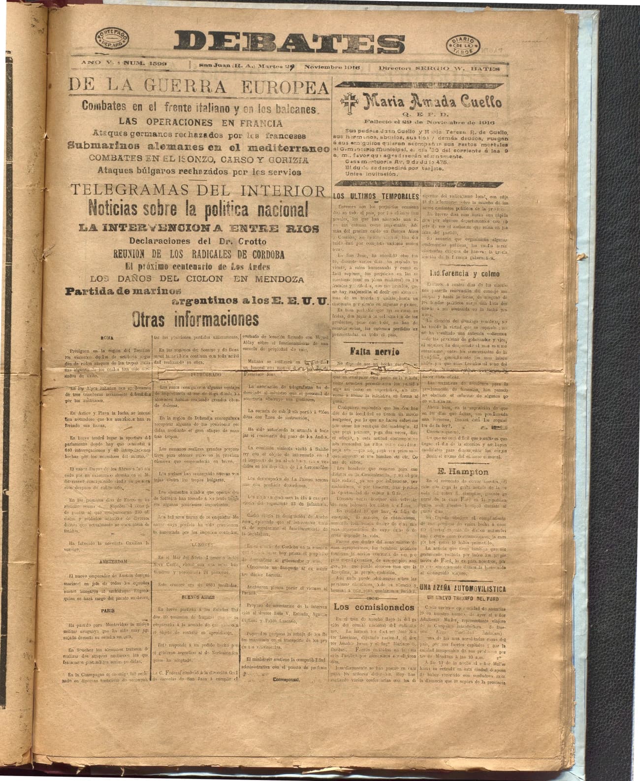 Portada · Diario Debates del 29 de noviembre de 1916