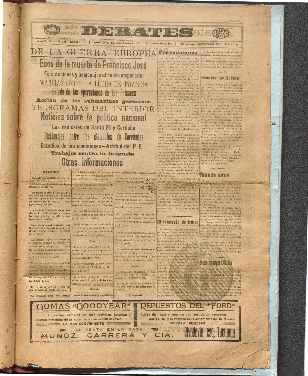 Portada · Diario Debates del 27 de noviembre de 1916