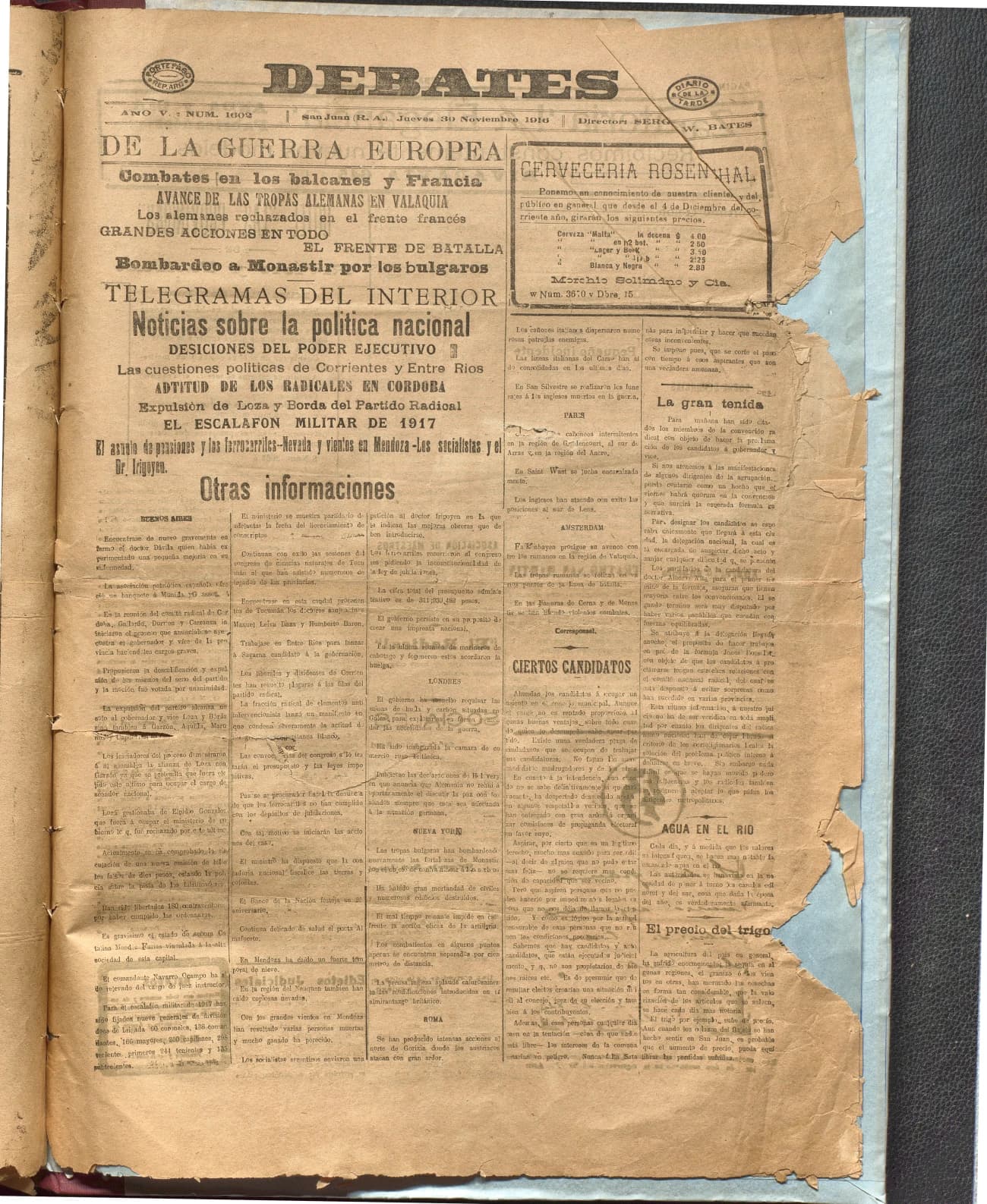 Portada · Diario Debates del 30 de noviembre de 1916