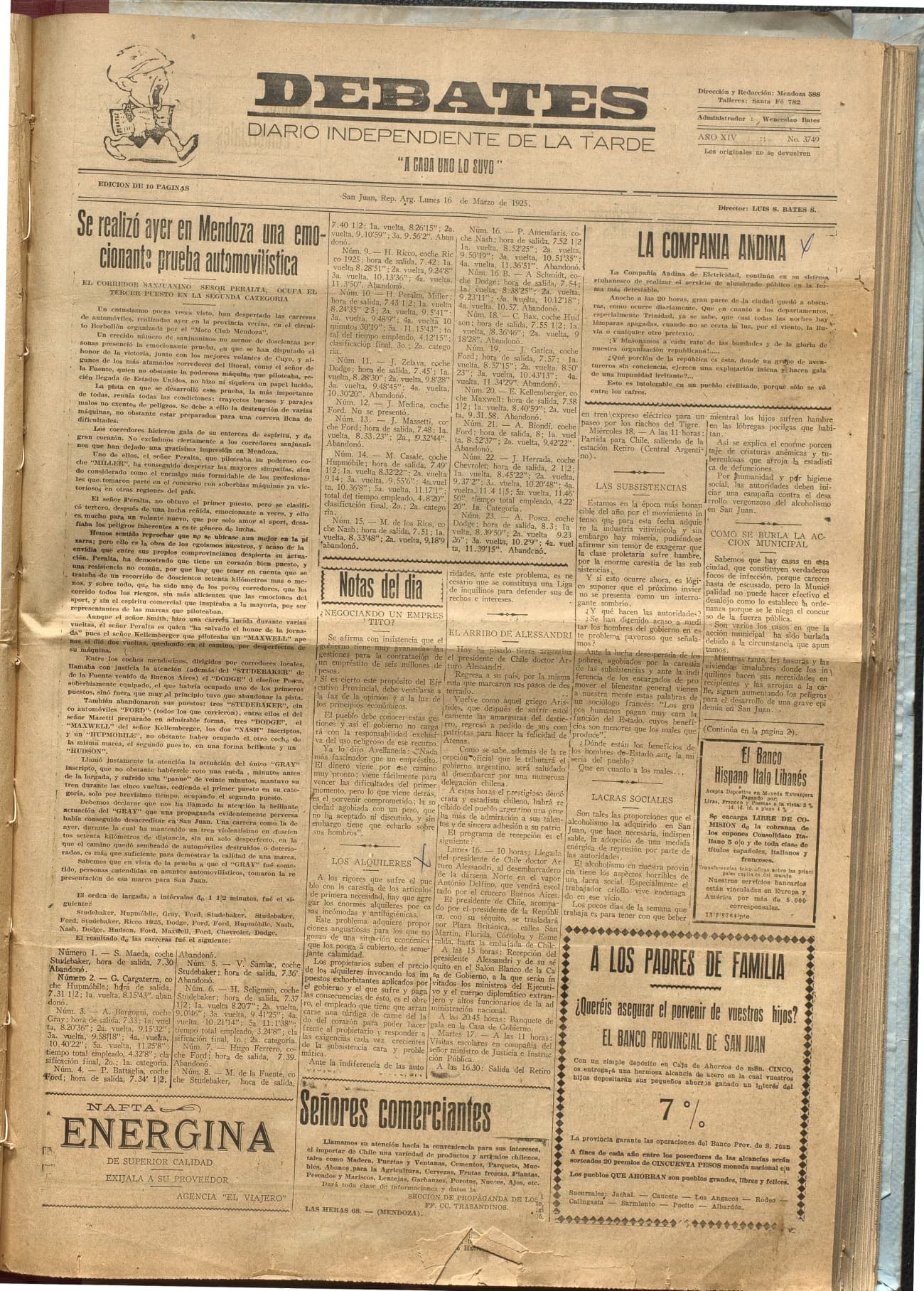 Portada · Diario Debates del 16 de marzo de 1925