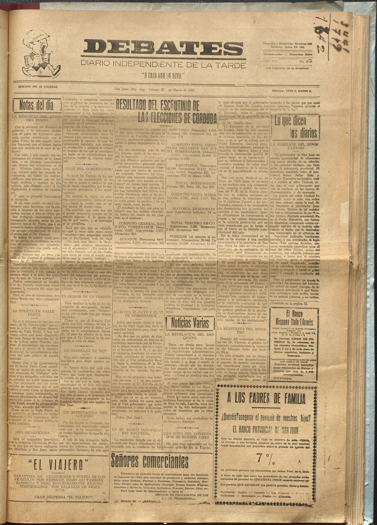 Portada · Diario Debates del 27 de marzo de 1925