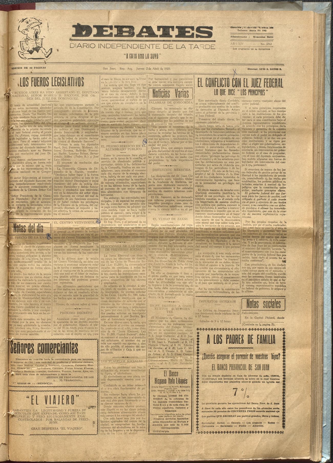 Portada · Diario Debates del 2 de abril de 1925