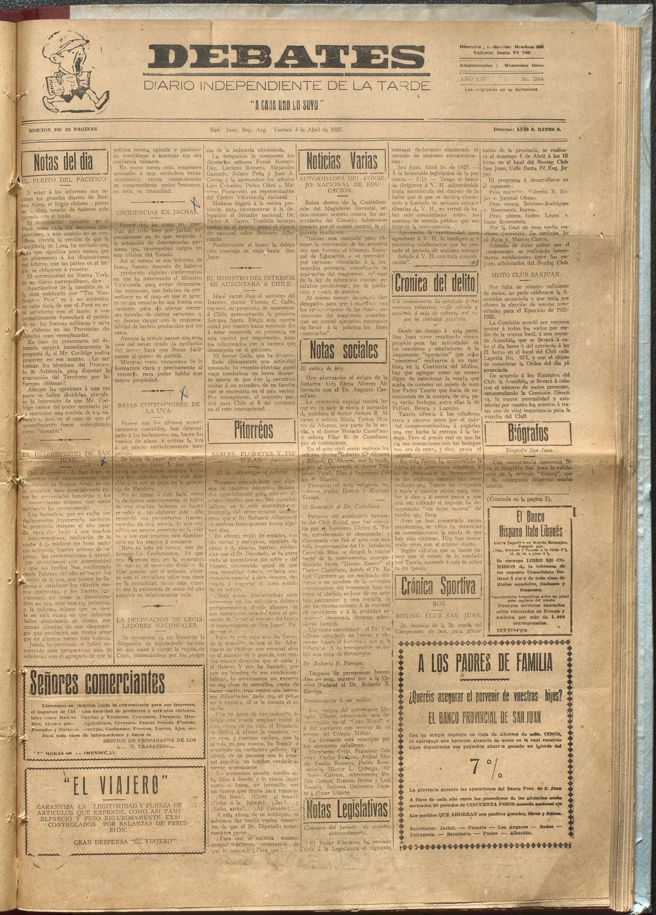 Portada · Diario Debates del 3 de abril de 1925