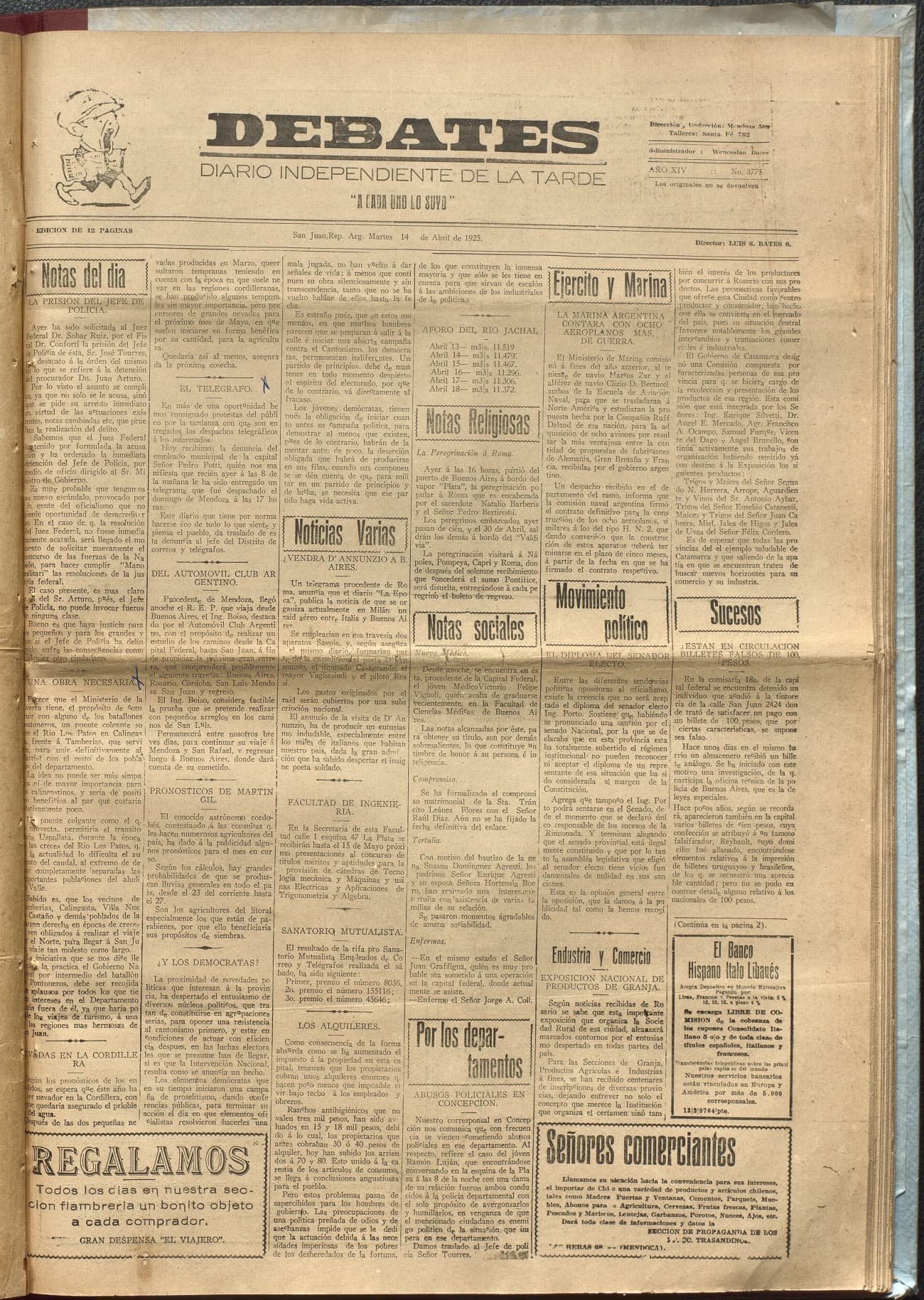 Portada · Diario Debates del 14 de abril de 1925