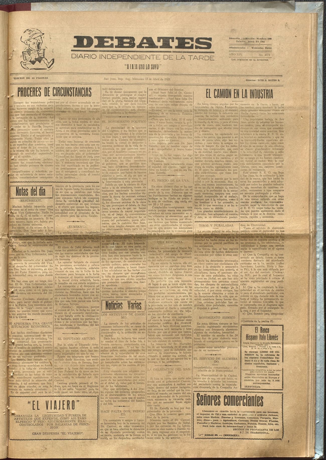 Portada · Diario Debates del 15 de abril de 1925