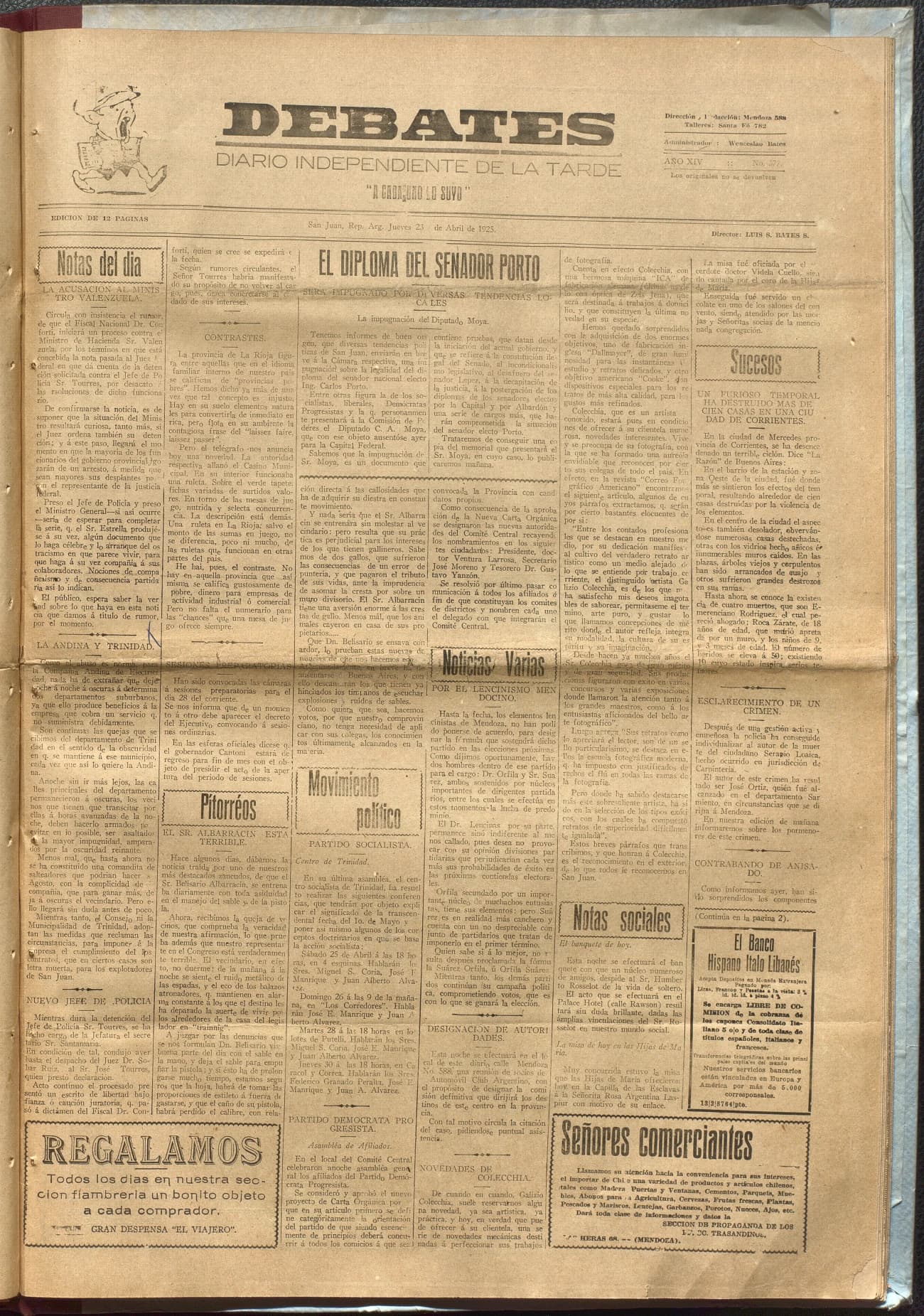 Portada · Diario Debates del 23 de abril de 1925