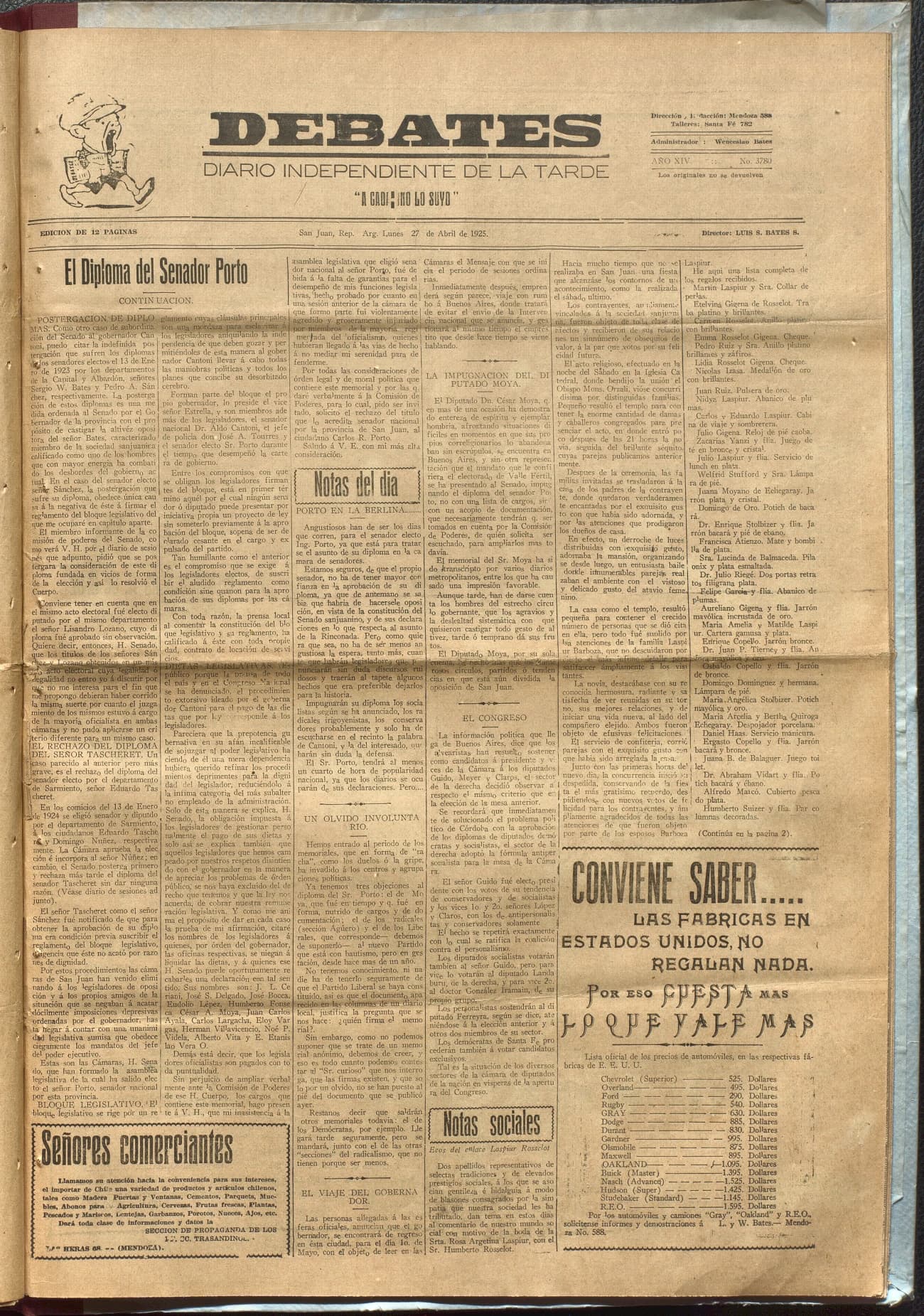 Portada · Diario Debates del 27 de abril de 1925