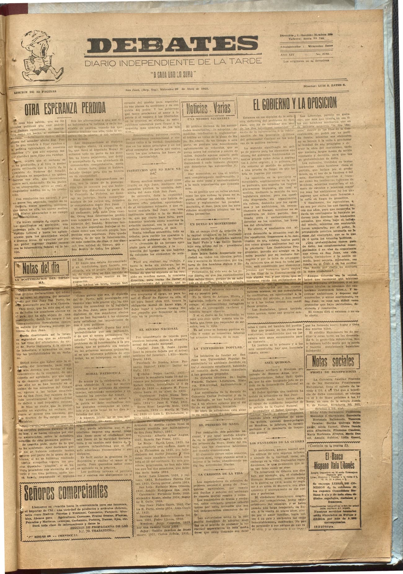 Portada · Diario Debates del 29 de abril de 1925
