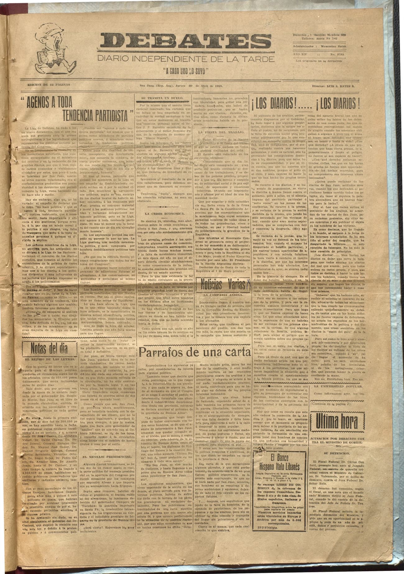 Portada · Diario Debates del 30 de abril de 1925