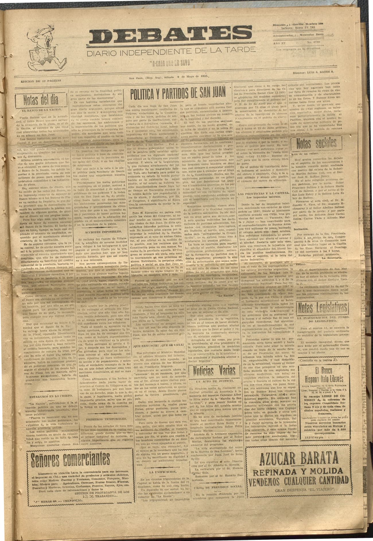 Portada · Diario Debates del 9 de mayo de 1925