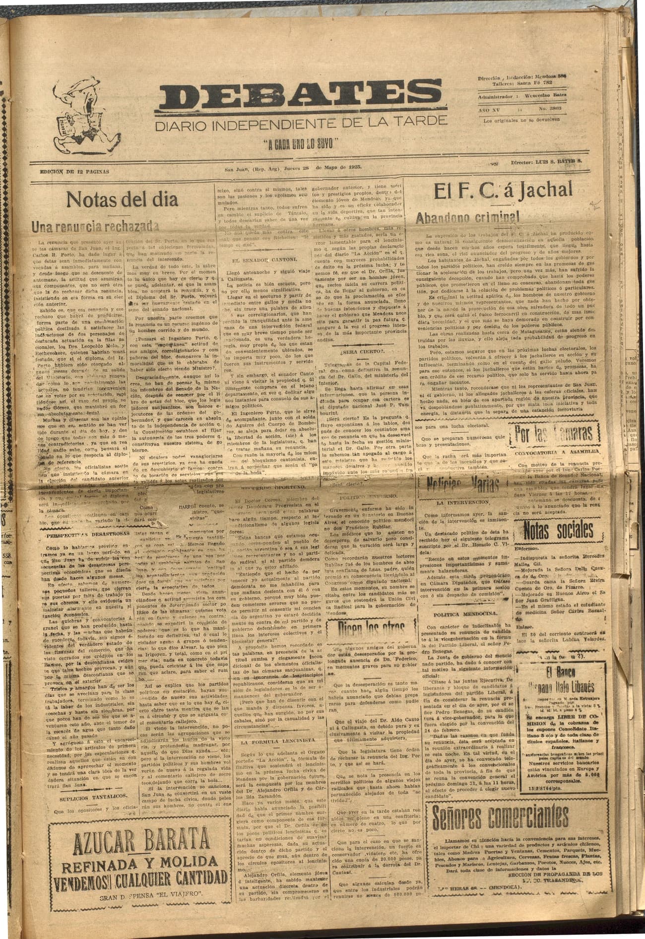 Portada · Diario Debates del 28 de mayo de 1925