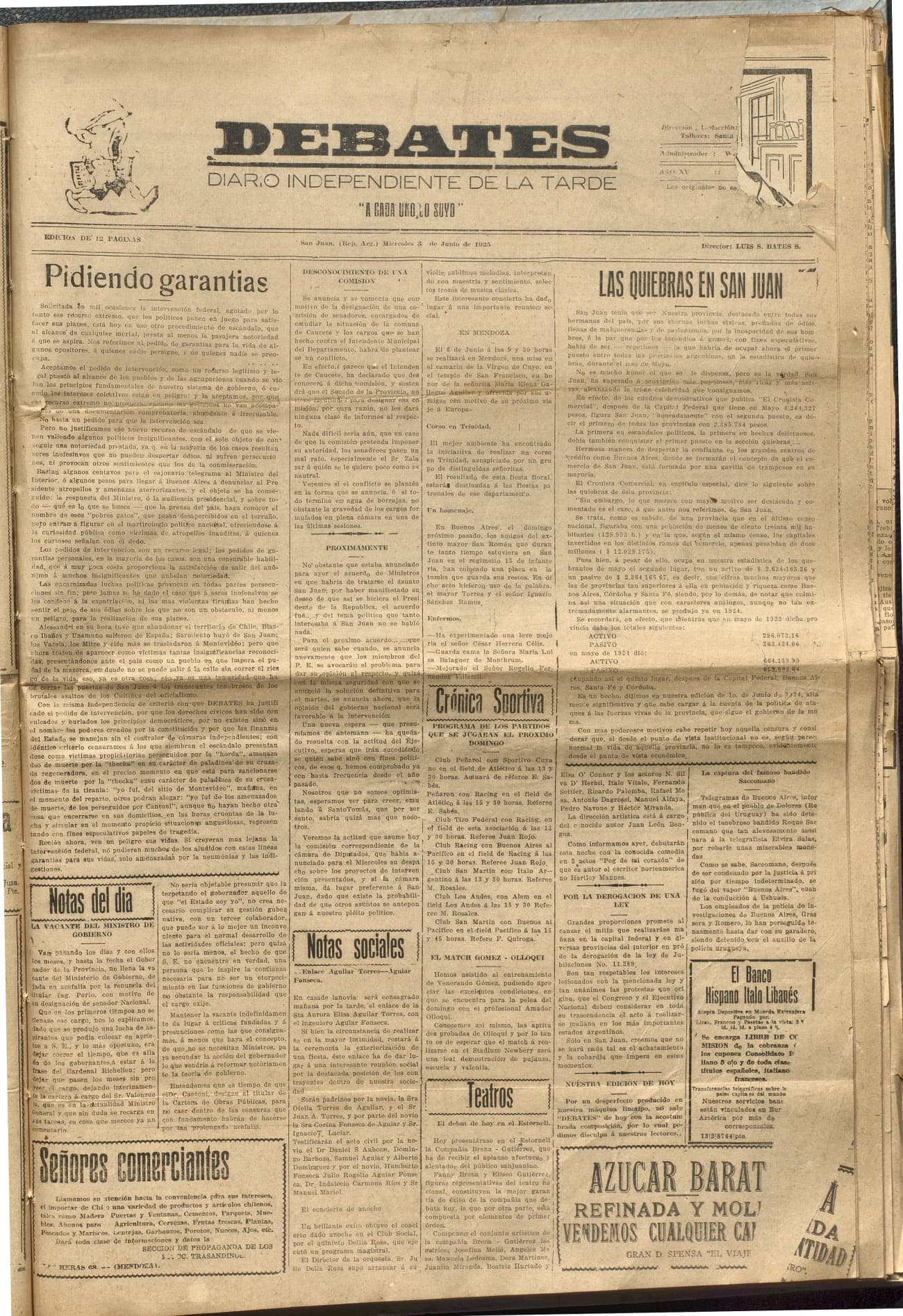 Portada · Diario Debates del 3 de junio de 1925