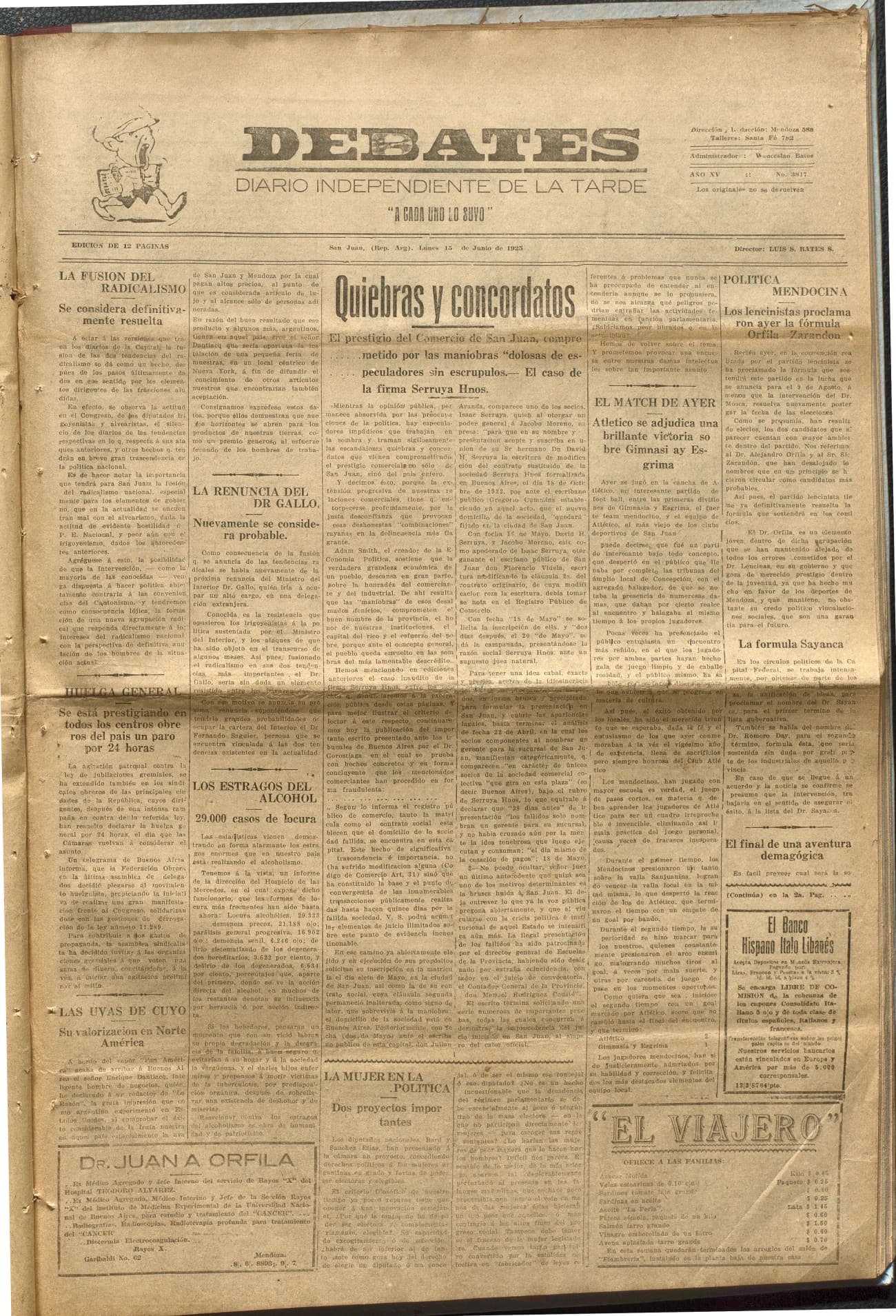 Portada · Diario Debates del 15 de junio de 1925