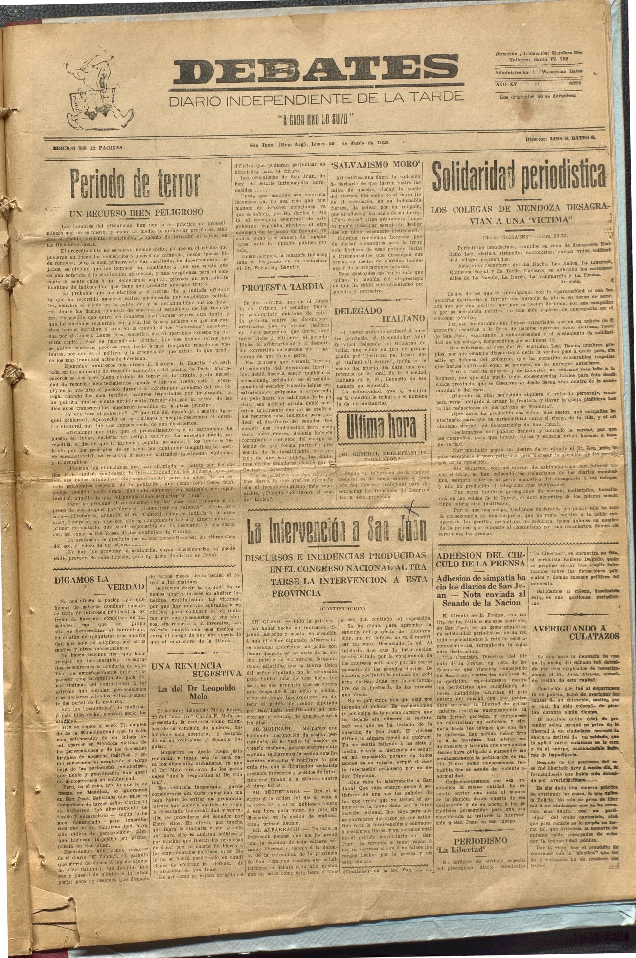 Portada · Diario Debates del 29 de junio de 1925