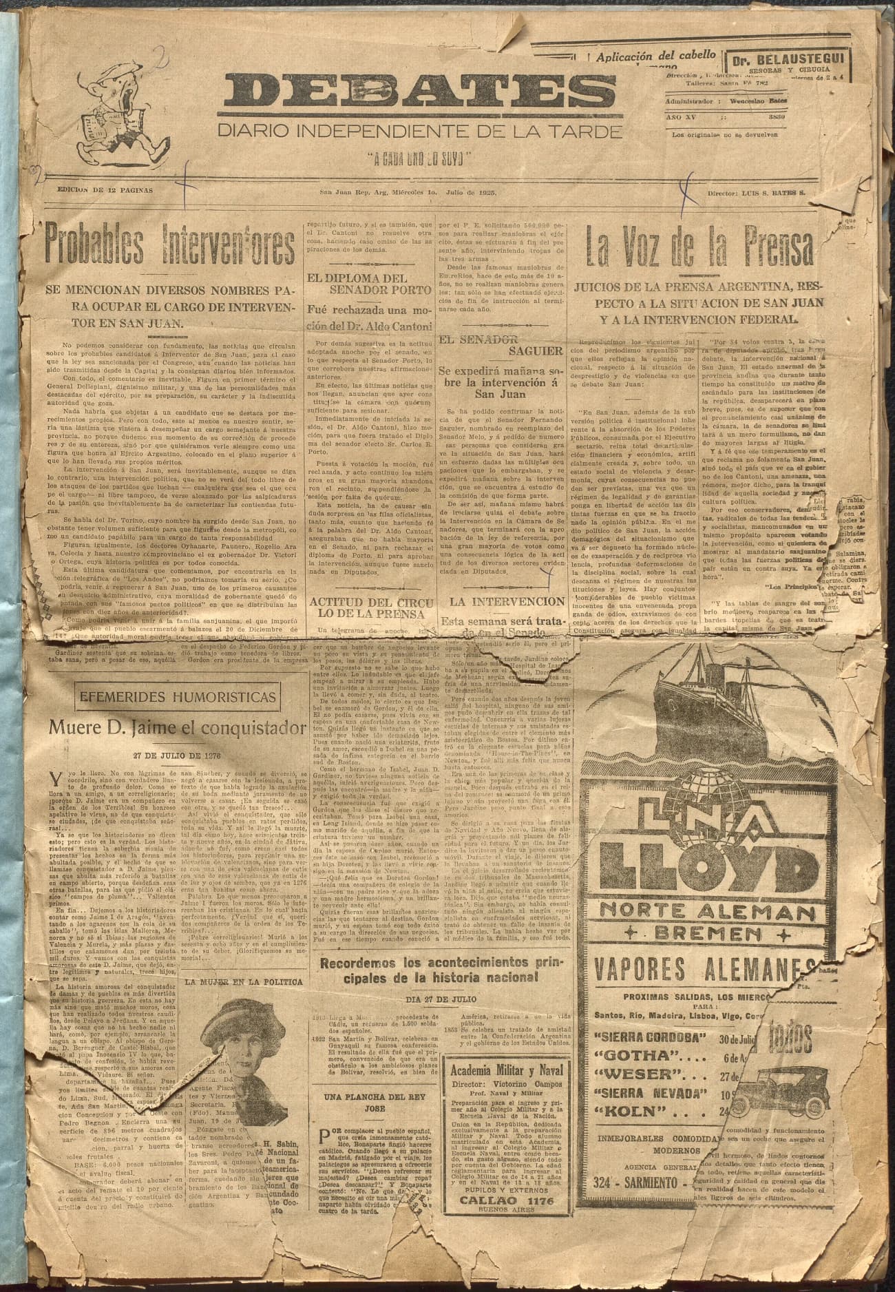 Portada · Diario Debates del 1 de julio de 1925