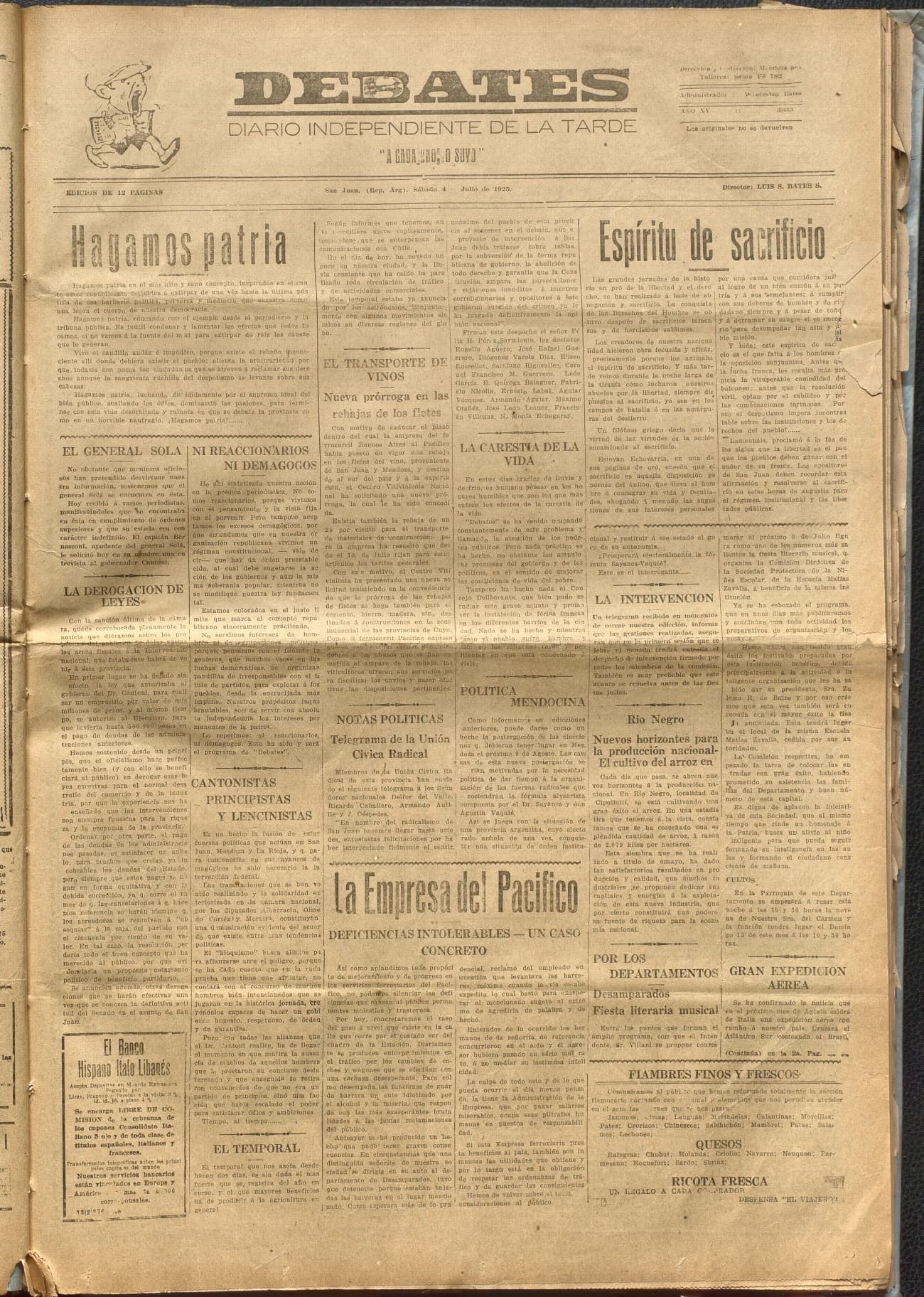 Portada · Diario Debates del 4 de julio de 1925