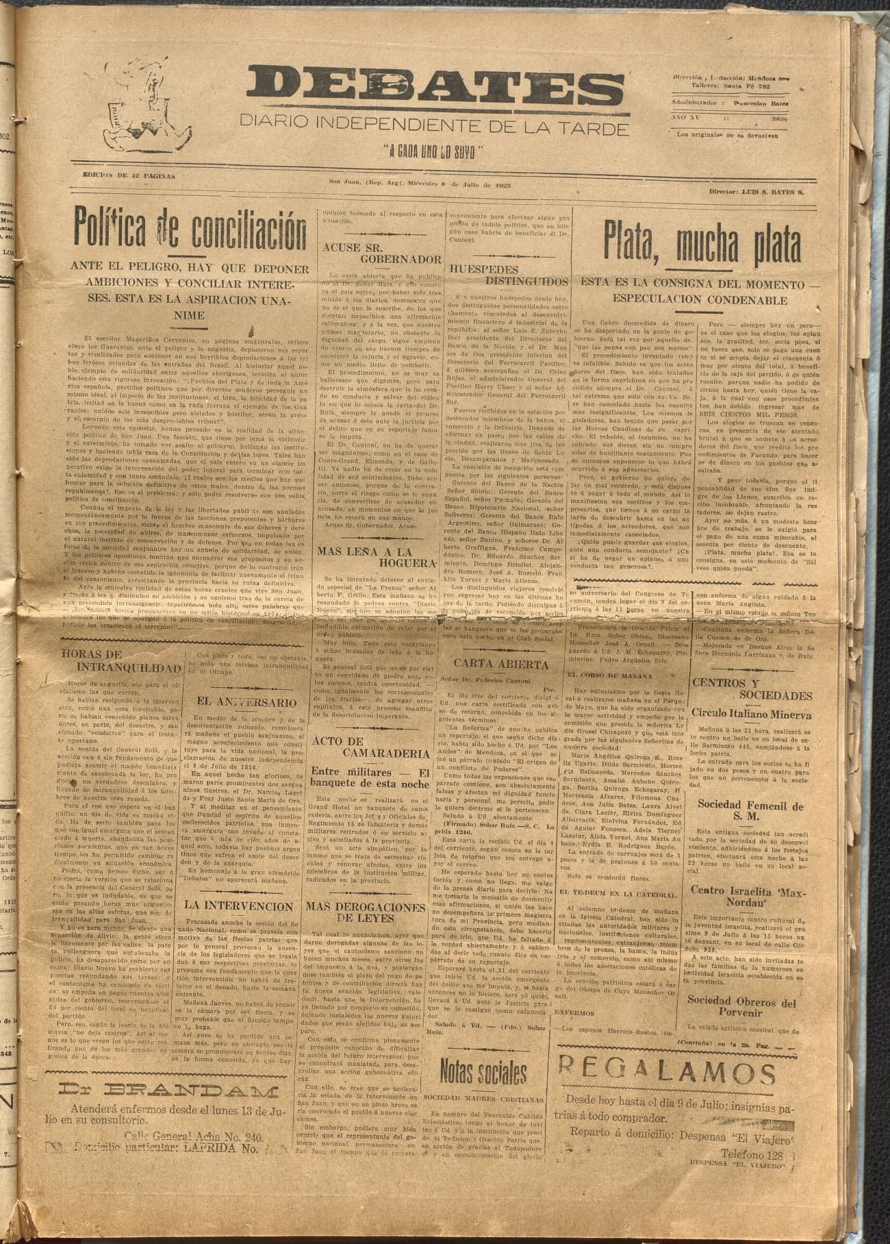 Portada · Diario Debates del 8 de julio de 1925