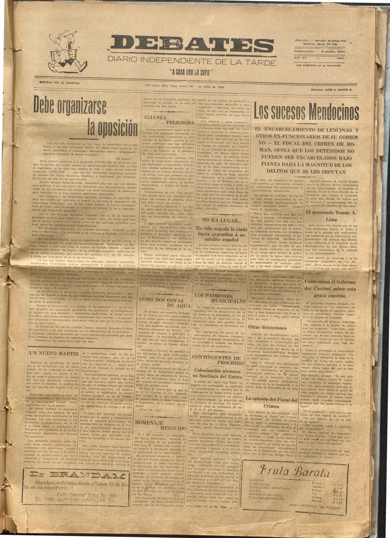 Portada · Diario Debates del 13 de julio de 1925