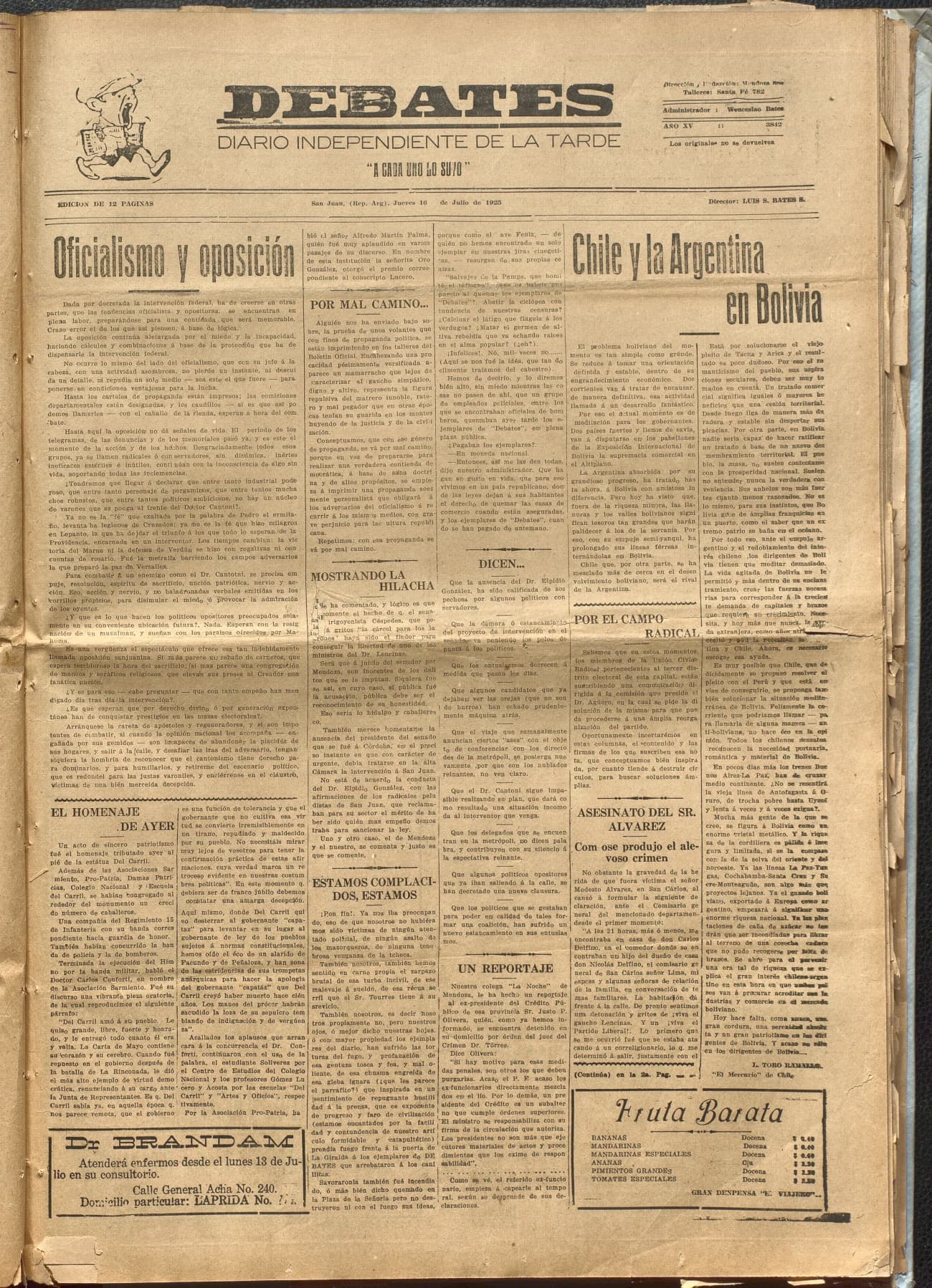 Portada · Diario Debates del 16 de julio de 1925