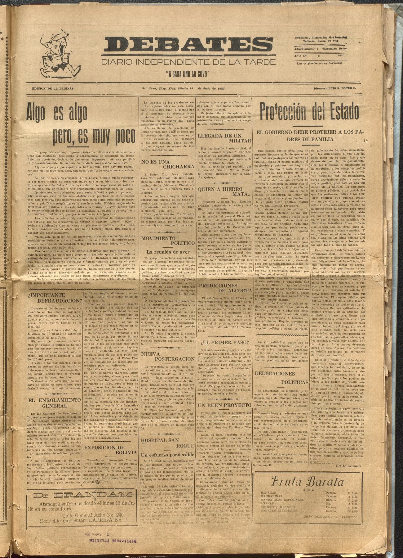 Portada · Diario Debates del 18 de julio de 1925