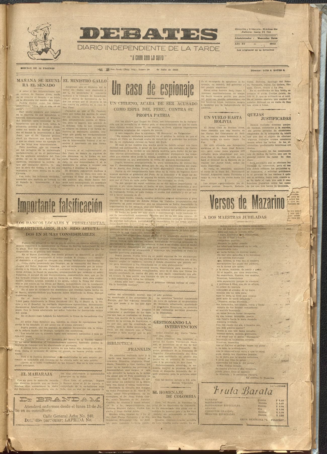 Portada · Diario Debates del 20 de julio de 1925