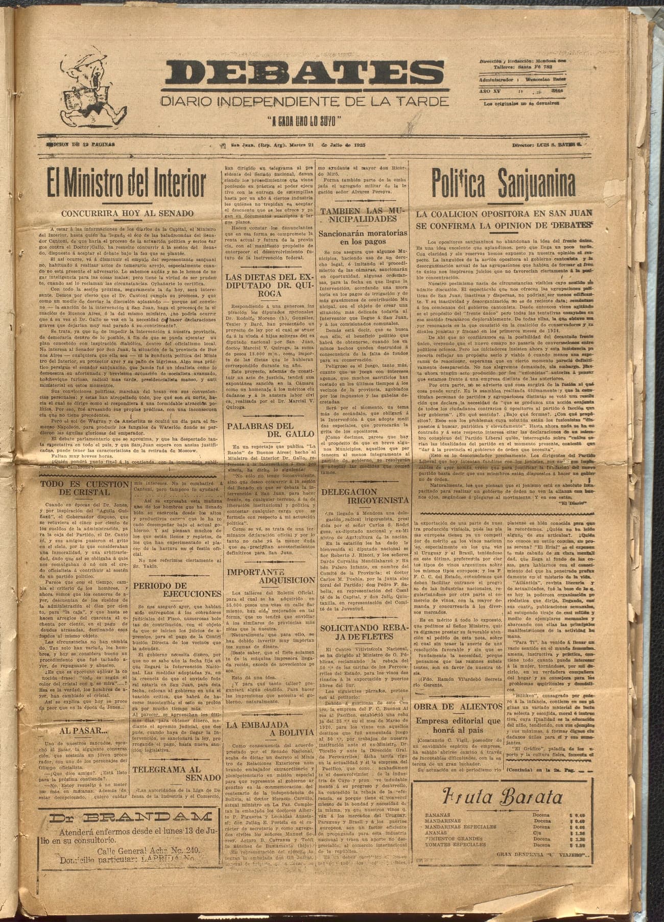 Portada · Diario Debates del 21 de julio de 1925