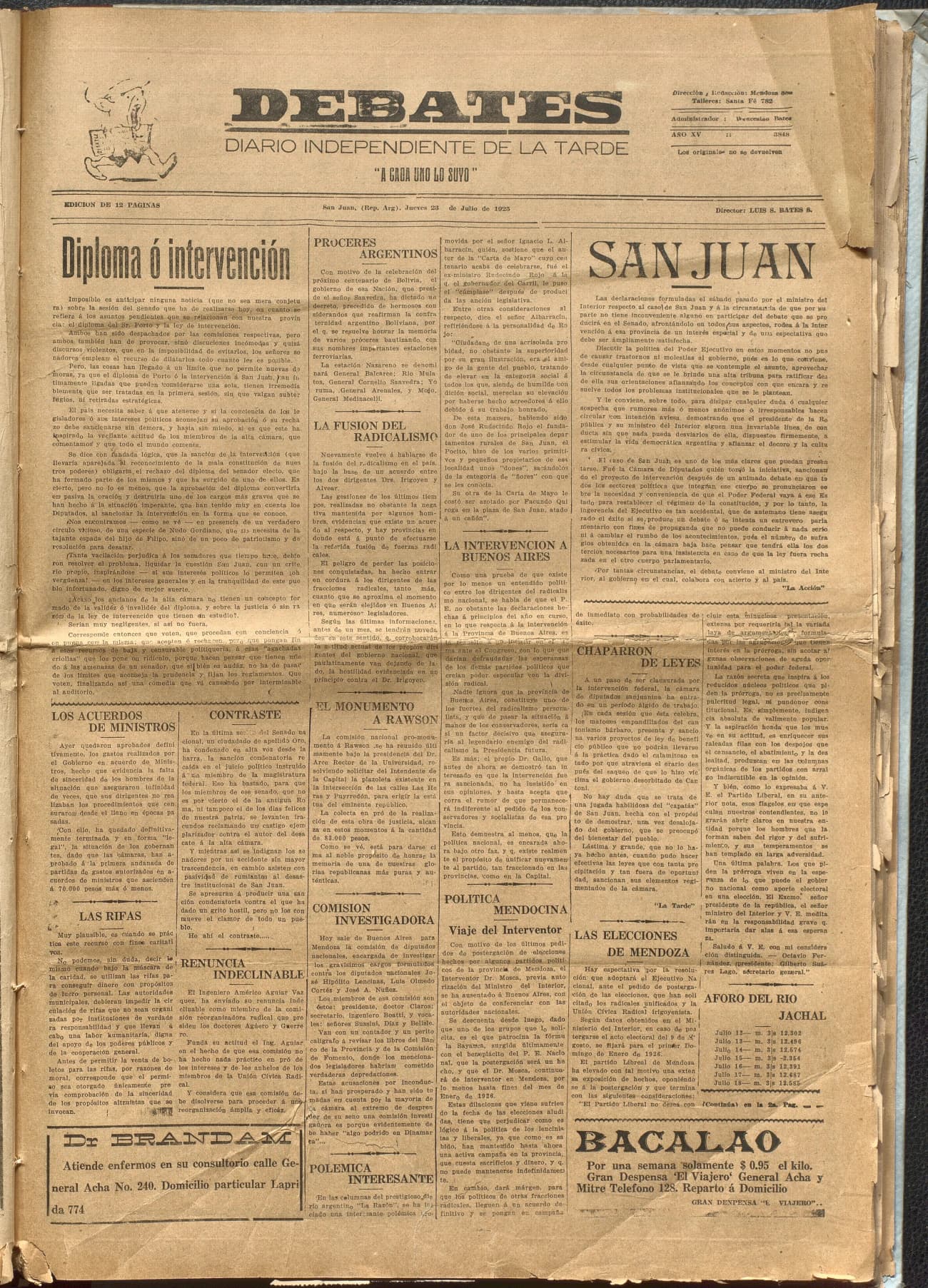 Portada · Diario Debates del 23 de julio de 1925