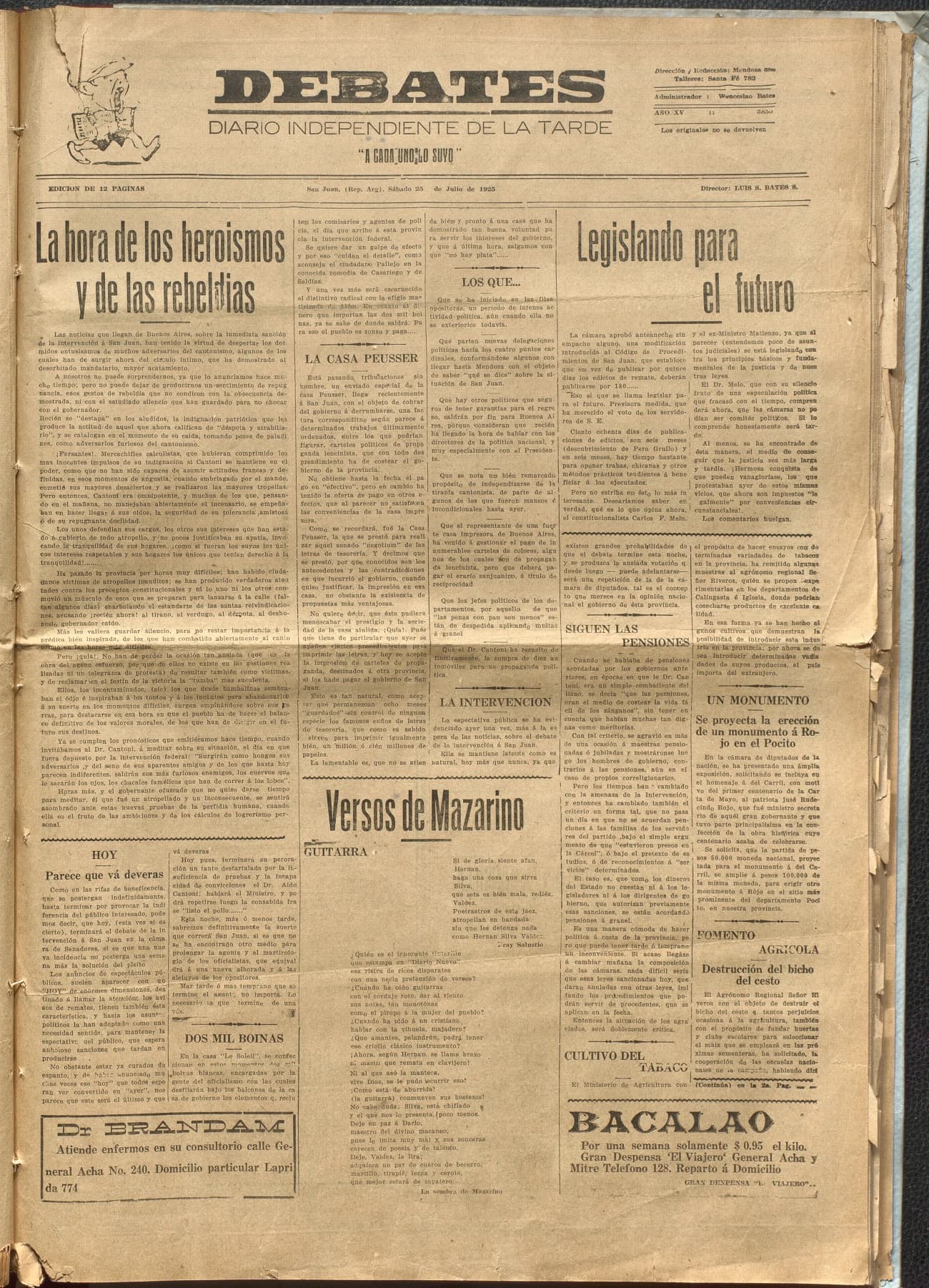 Portada · Diario Debates del 25 de julio de 1925